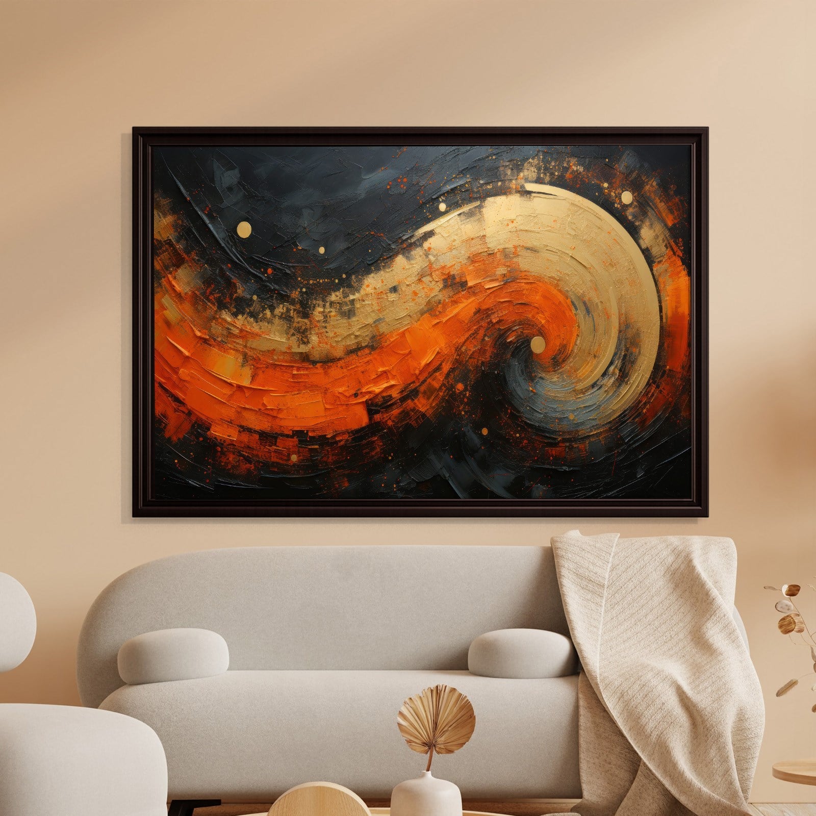 Modern Turuncu Siyah Soyut Kanvas Tablo | Altın Dokulu Premium Abstract Wall Art