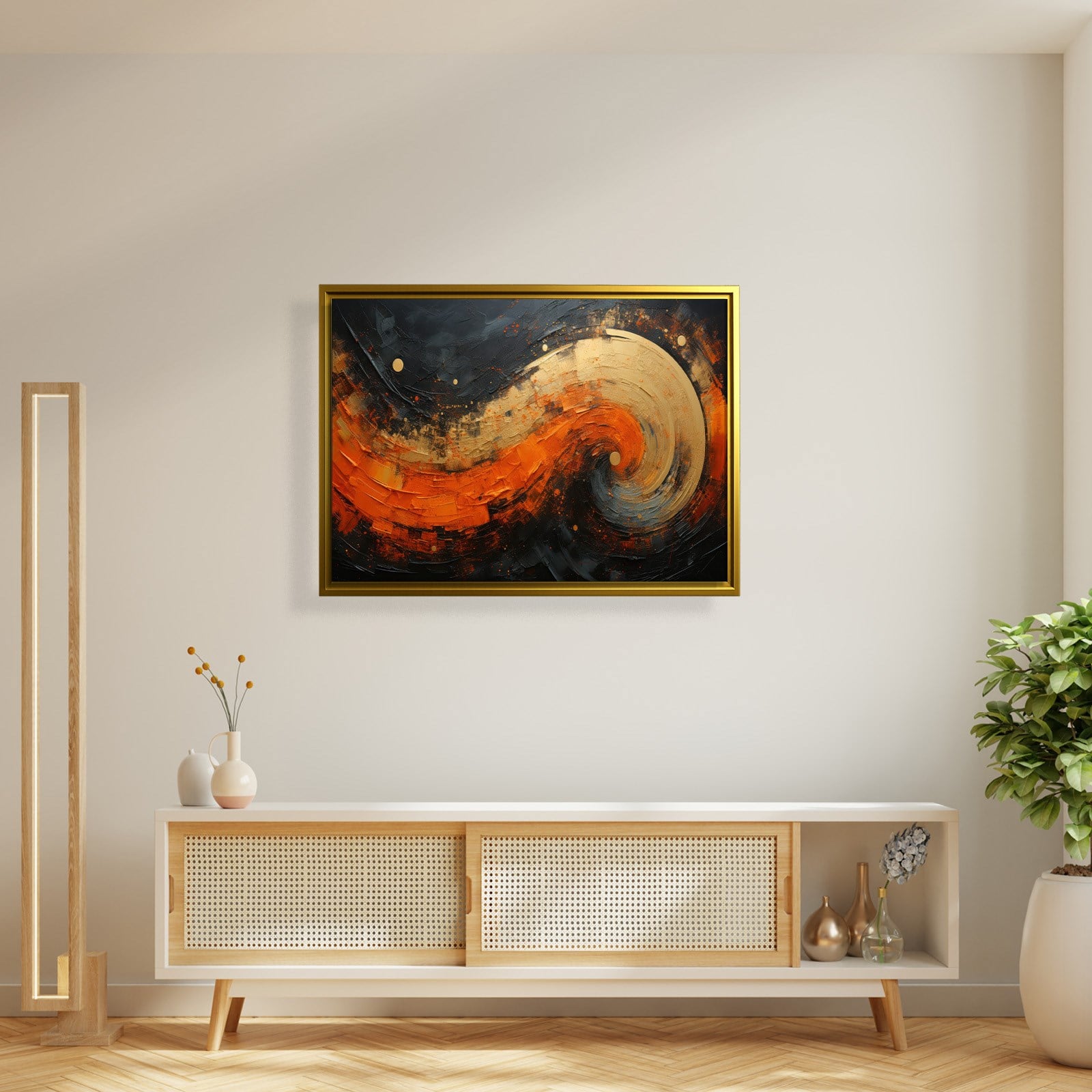 Modern Turuncu Siyah Soyut Kanvas Tablo | Altın Dokulu Premium Abstract Wall Art