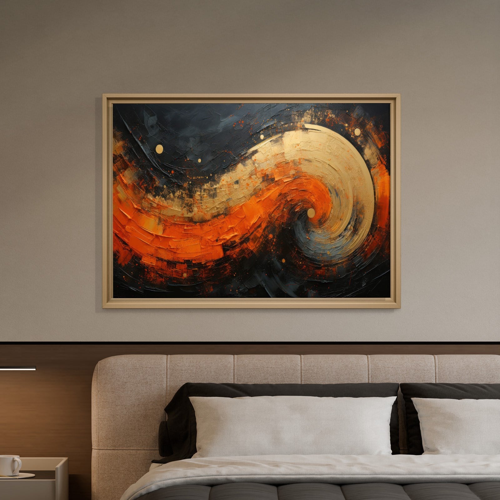 Modern Turuncu Siyah Soyut Kanvas Tablo | Altın Dokulu Premium Abstract Wall Art