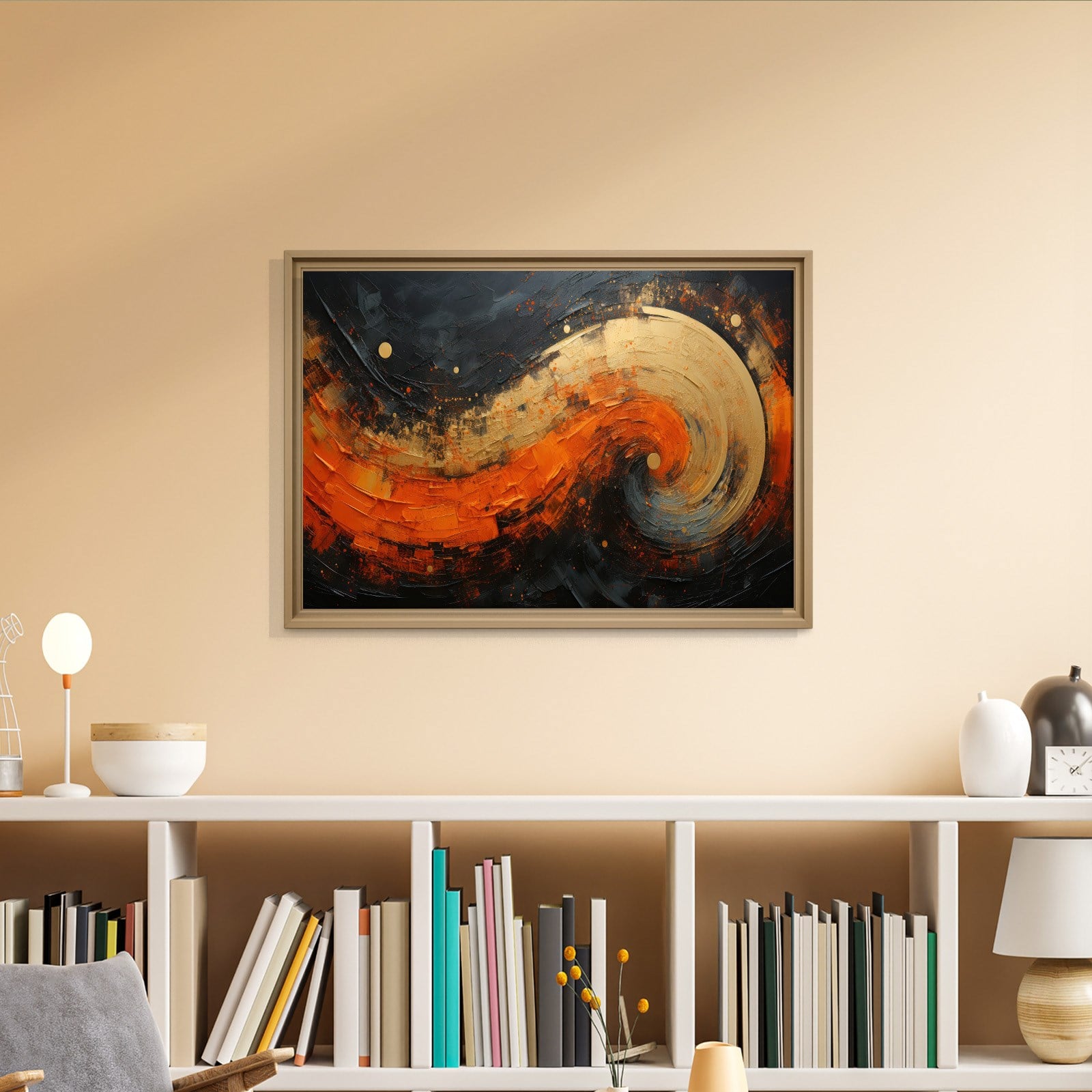 Modern Turuncu Siyah Soyut Kanvas Tablo | Altın Dokulu Premium Abstract Wall Art