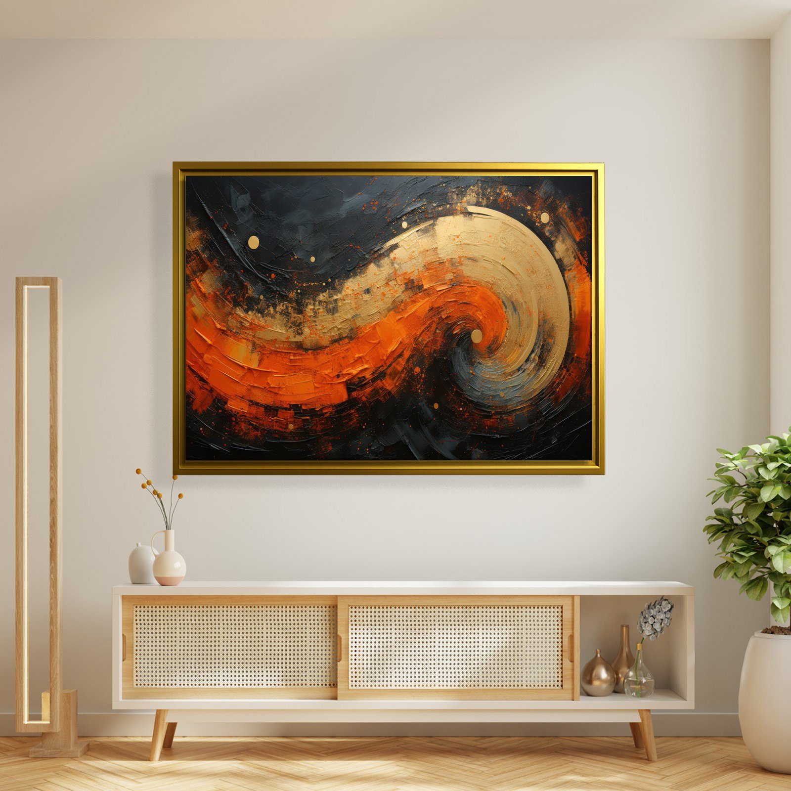 Modern Turuncu Siyah Soyut Kanvas Tablo | Altın Dokulu Premium Abstract Wall Art