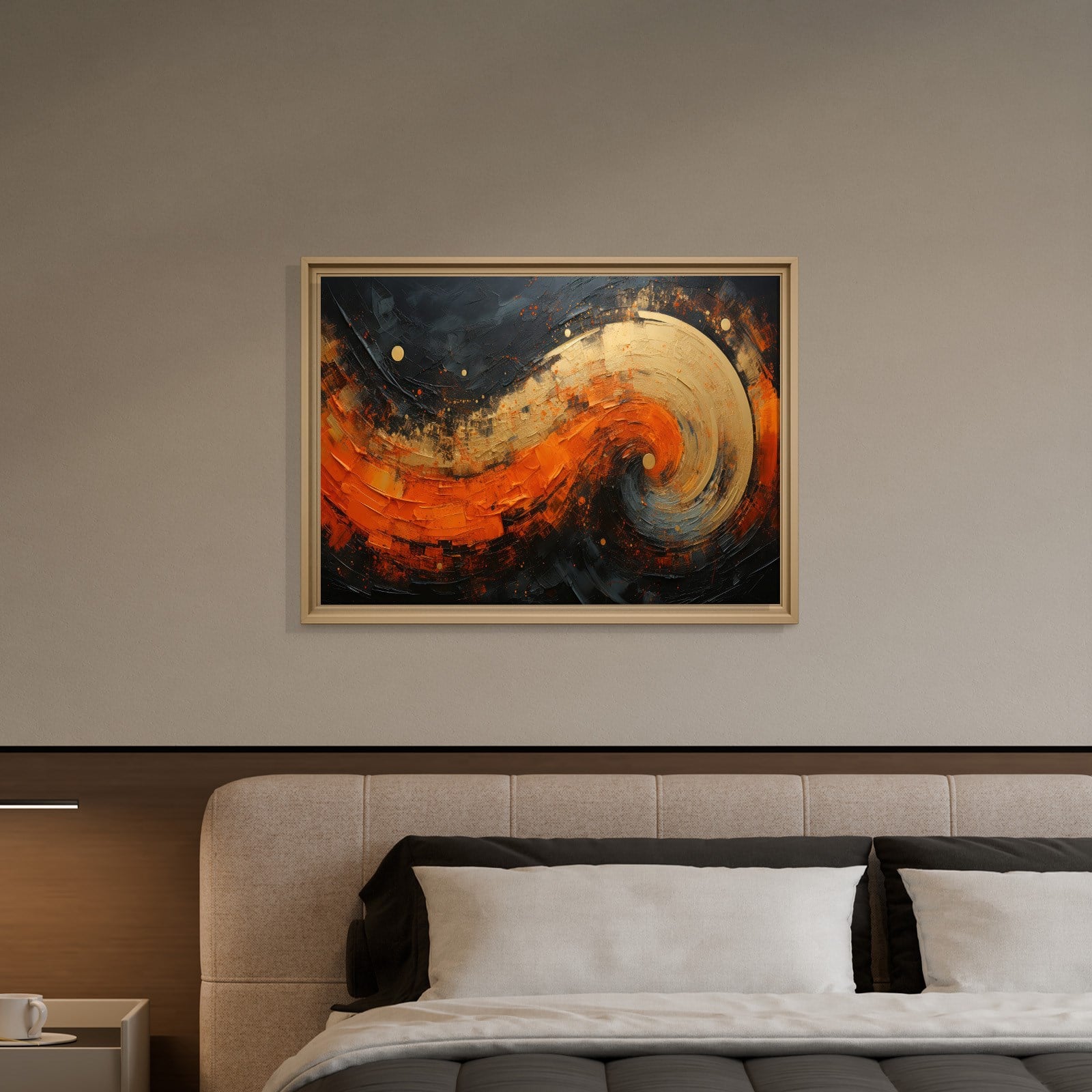 Modern Turuncu Siyah Soyut Kanvas Tablo | Altın Dokulu Premium Abstract Wall Art
