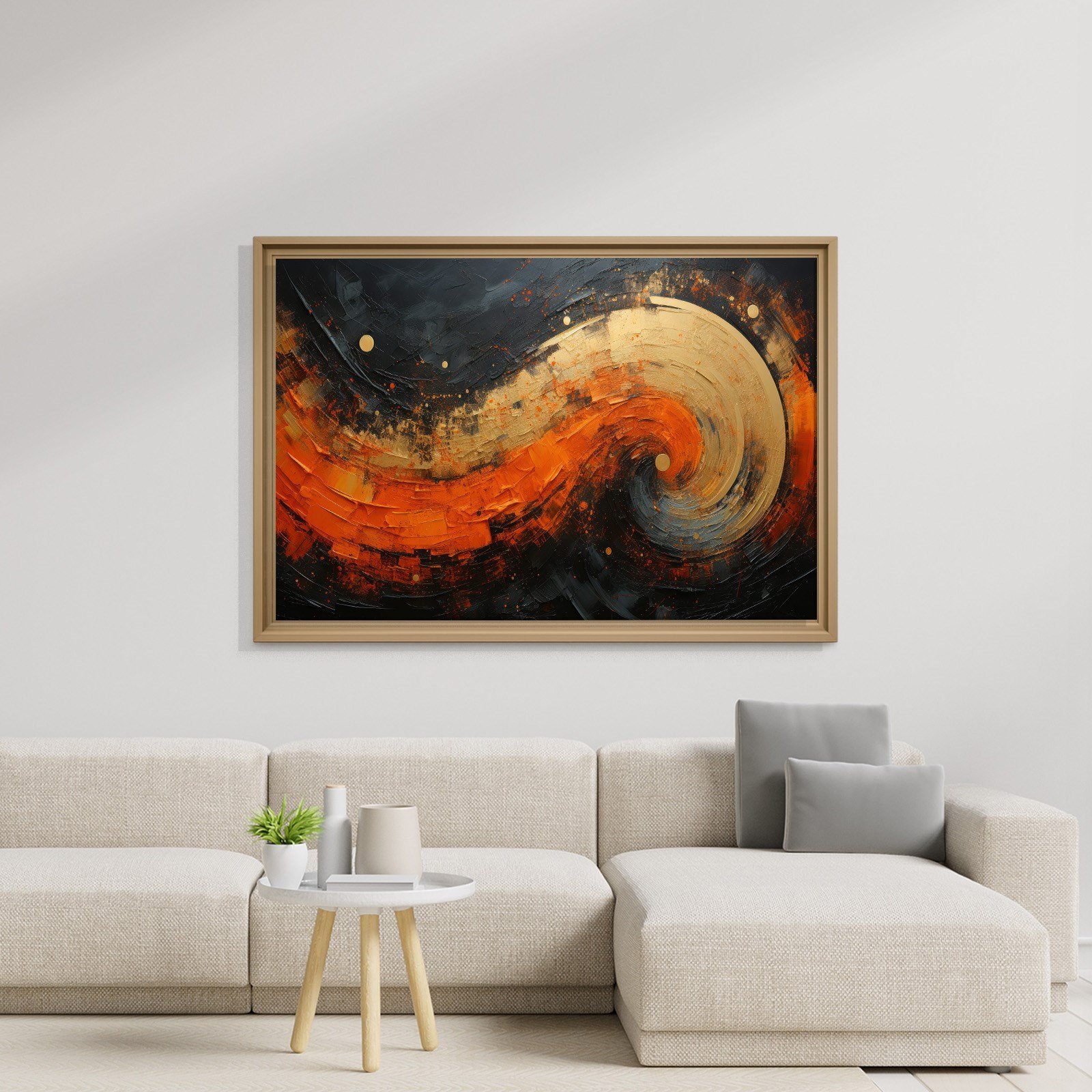 Modern Turuncu Siyah Soyut Kanvas Tablo | Altın Dokulu Premium Abstract Wall Art