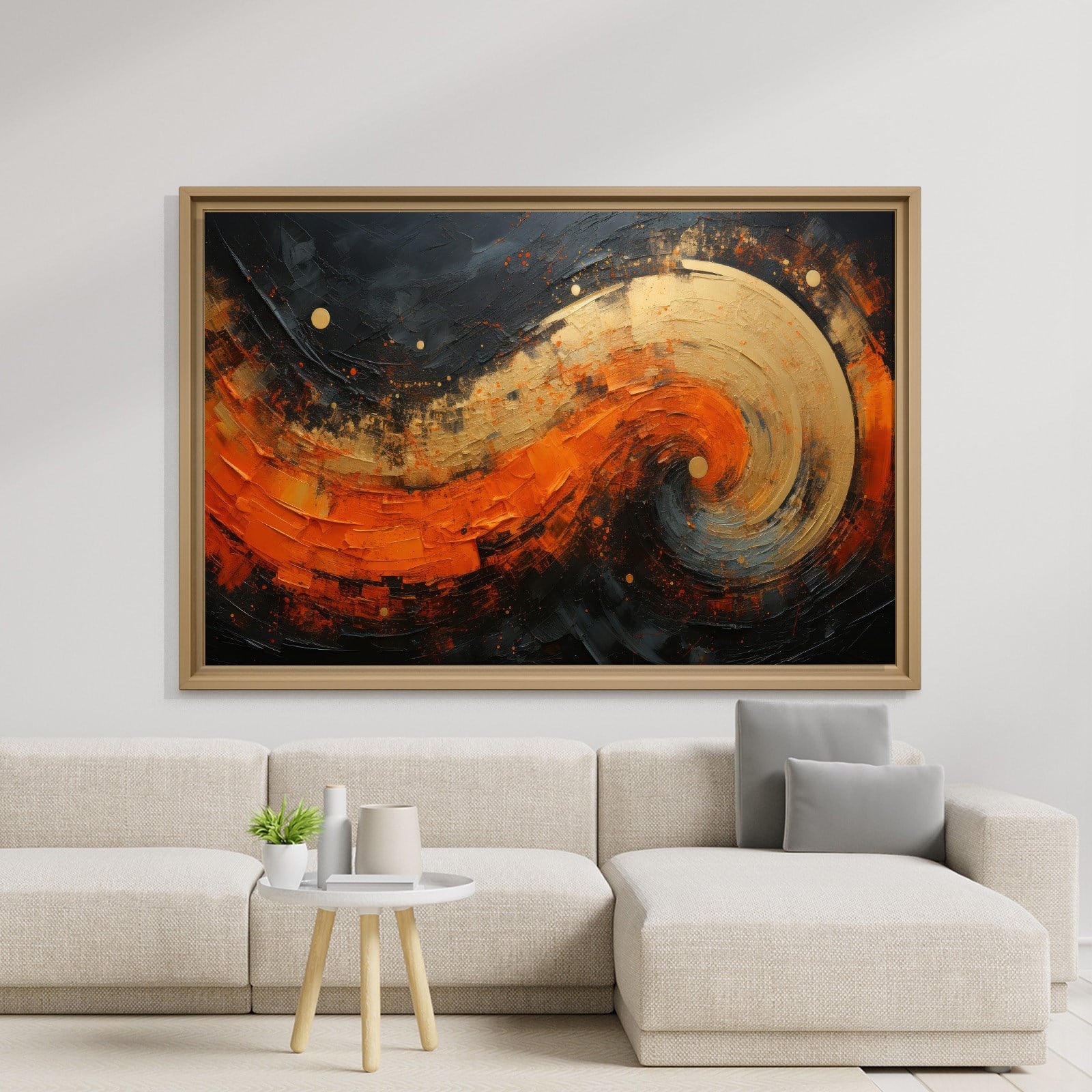 Modern Turuncu Siyah Soyut Kanvas Tablo | Altın Dokulu Premium Abstract Wall Art