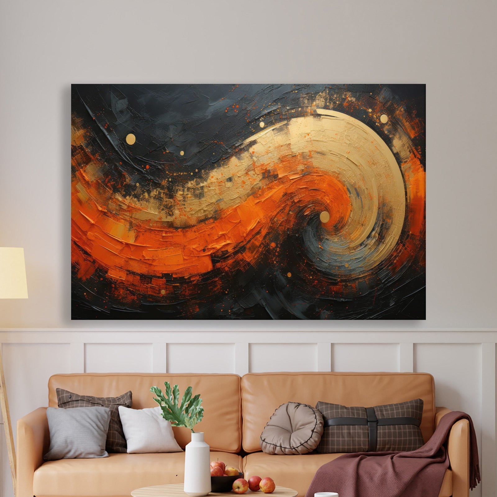 Modern Turuncu Siyah Soyut Kanvas Tablo | Altın Dokulu Premium Abstract Wall Art