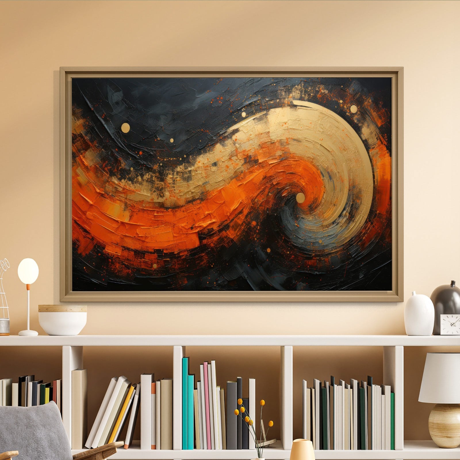 Modern Turuncu Siyah Soyut Kanvas Tablo | Altın Dokulu Premium Abstract Wall Art