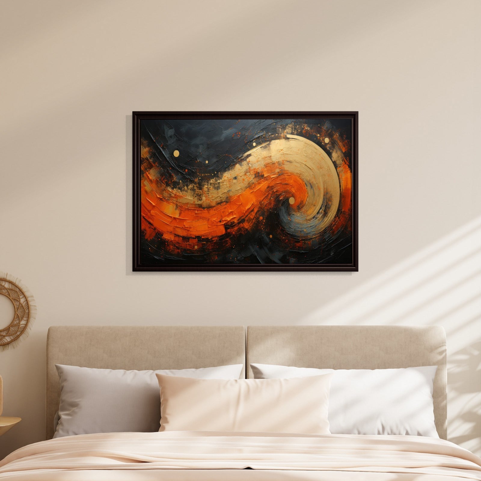Modern Turuncu Siyah Soyut Kanvas Tablo | Altın Dokulu Premium Abstract Wall Art