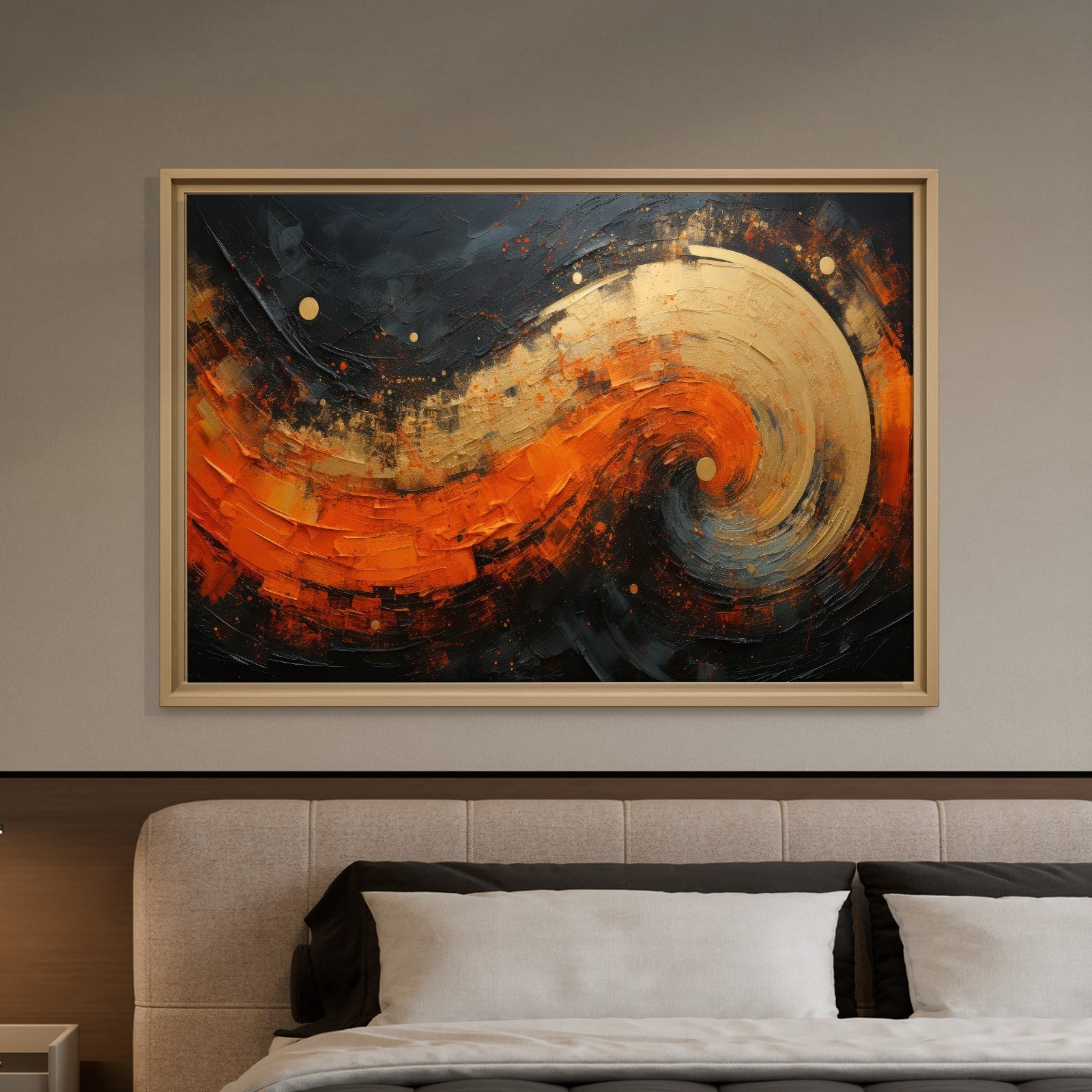 Modern Turuncu Siyah Soyut Kanvas Tablo | Altın Dokulu Premium Abstract Wall Art