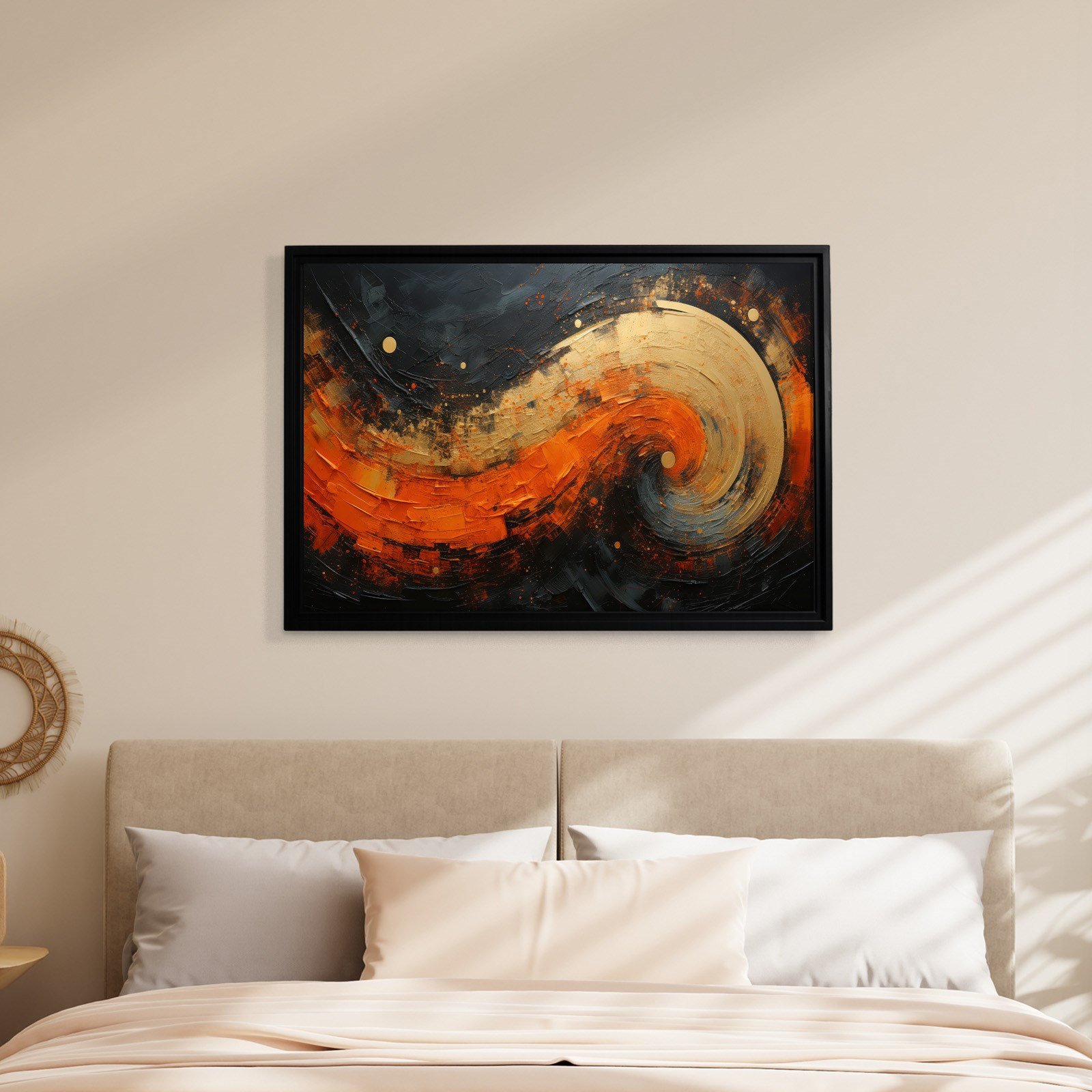 Modern Turuncu Siyah Soyut Kanvas Tablo | Altın Dokulu Premium Abstract Wall Art