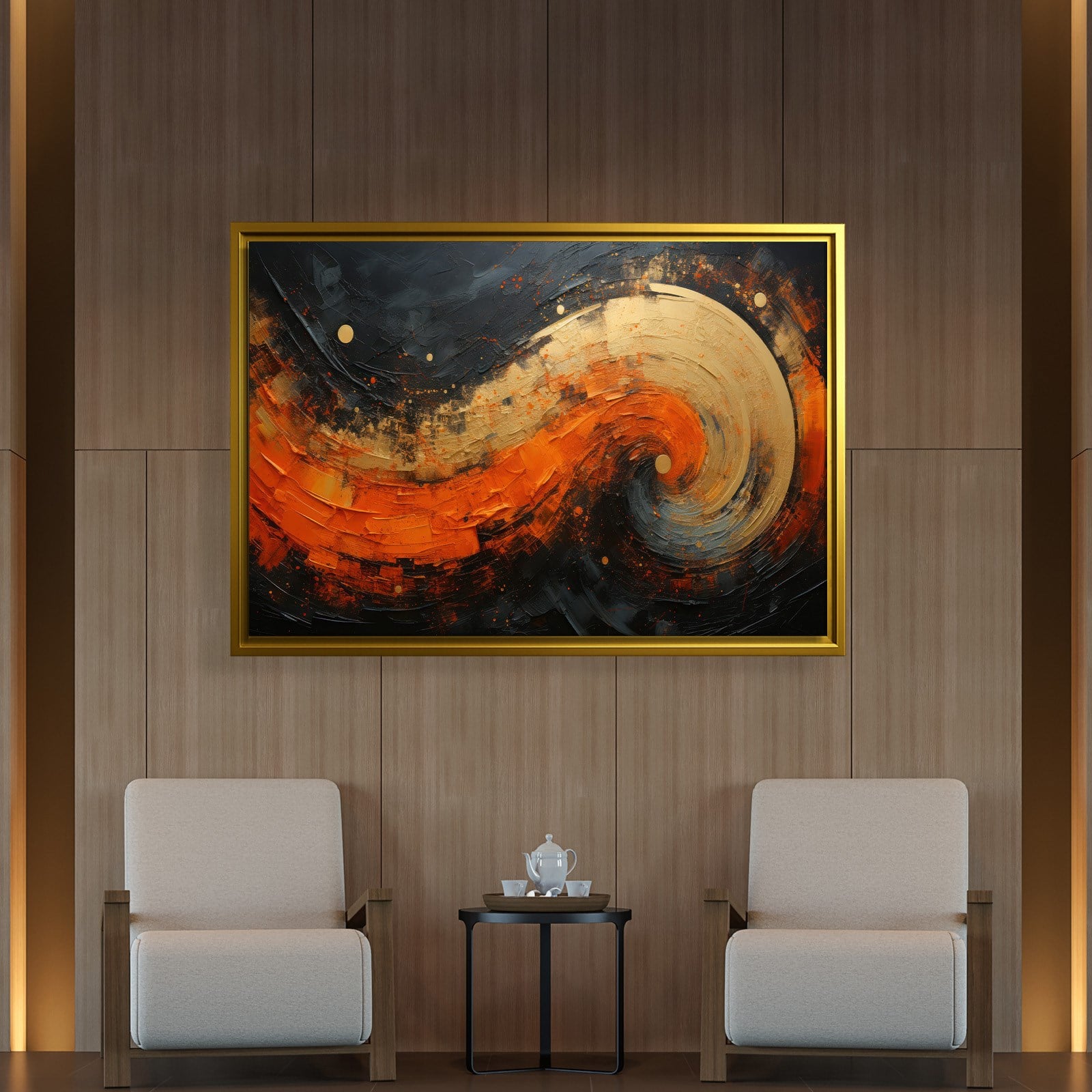 Modern Turuncu Siyah Soyut Kanvas Tablo | Altın Dokulu Premium Abstract Wall Art