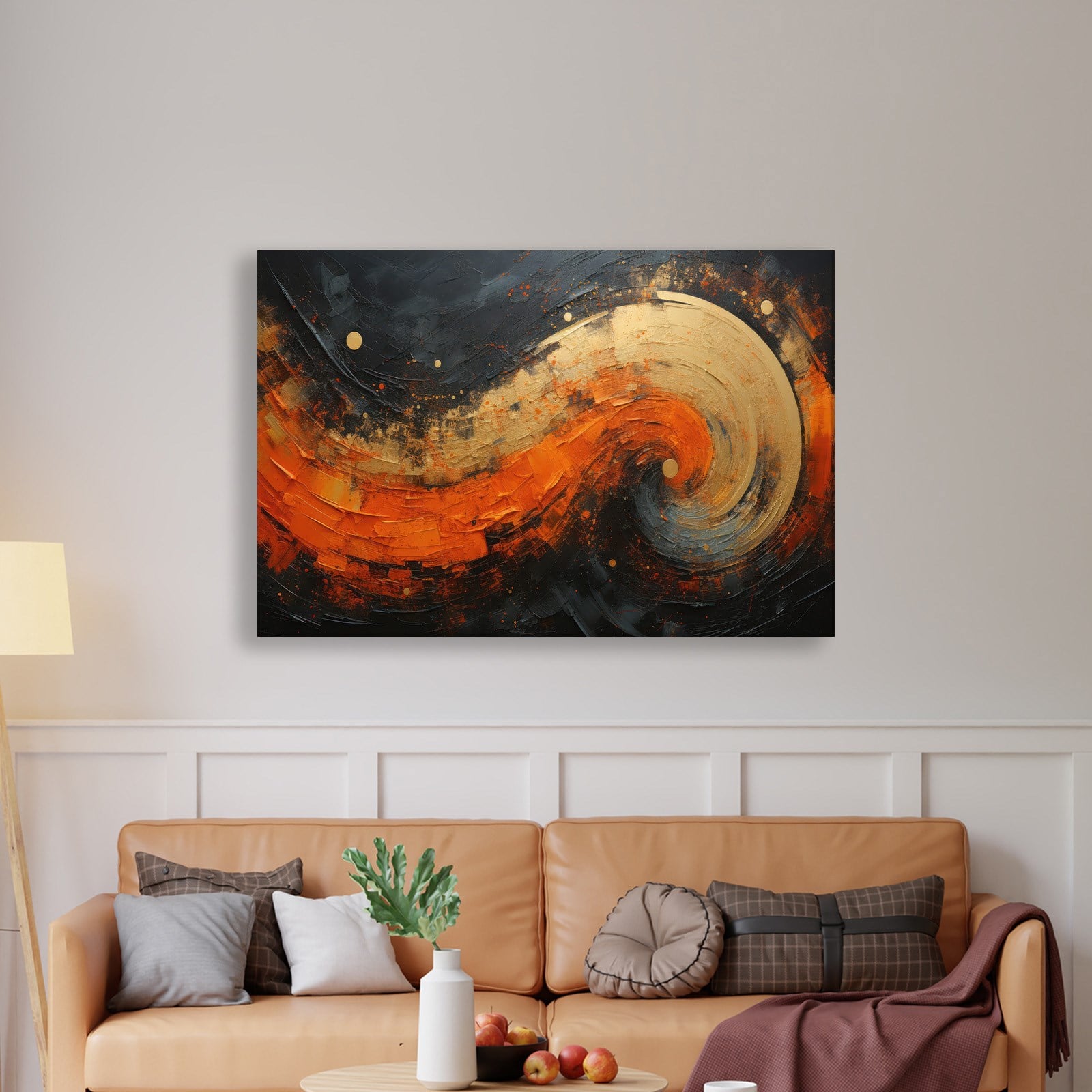 Modern Turuncu Siyah Soyut Kanvas Tablo | Altın Dokulu Premium Abstract Wall Art
