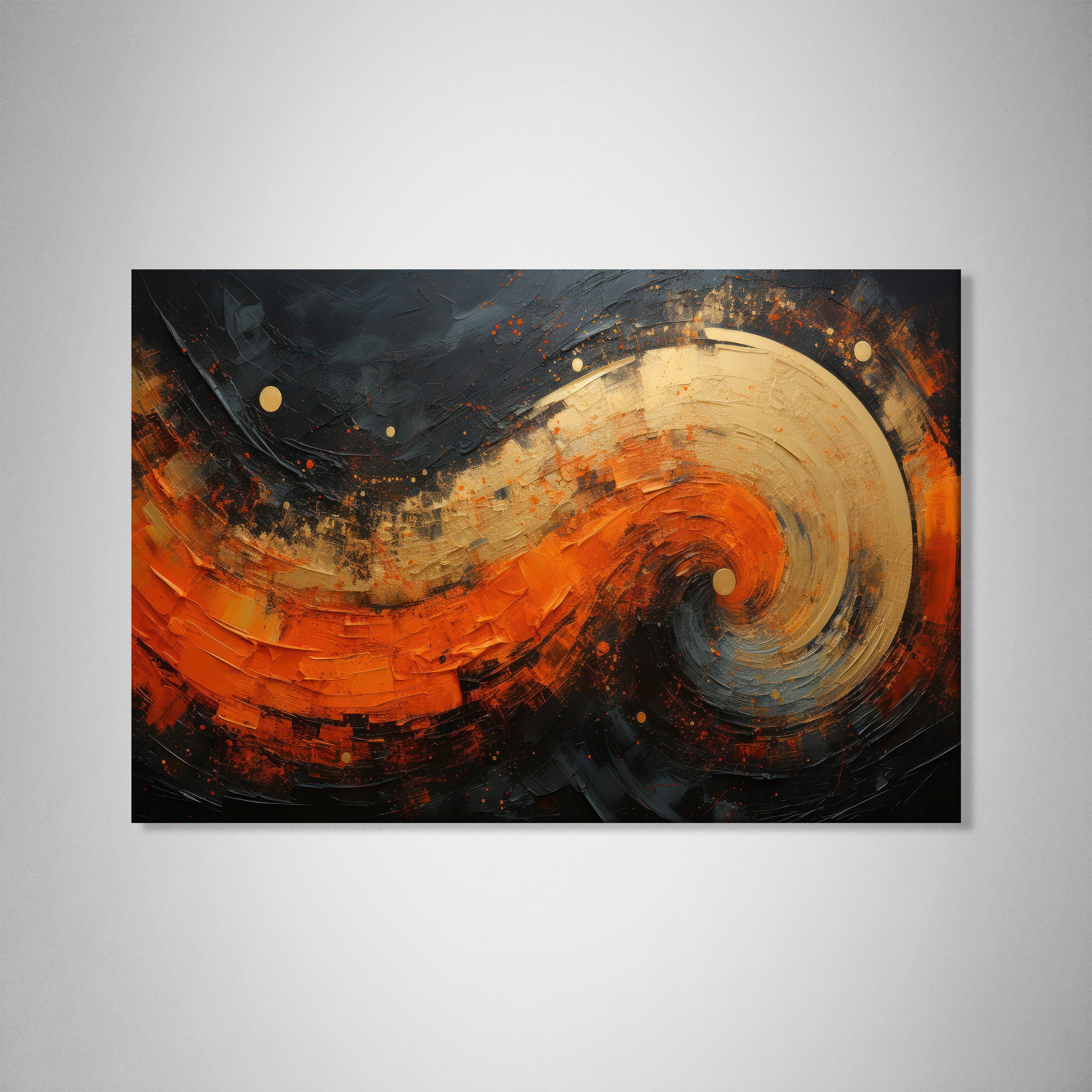 Modern Turuncu Siyah Soyut Kanvas Tablo | Altın Dokulu Premium Abstract Wall Art