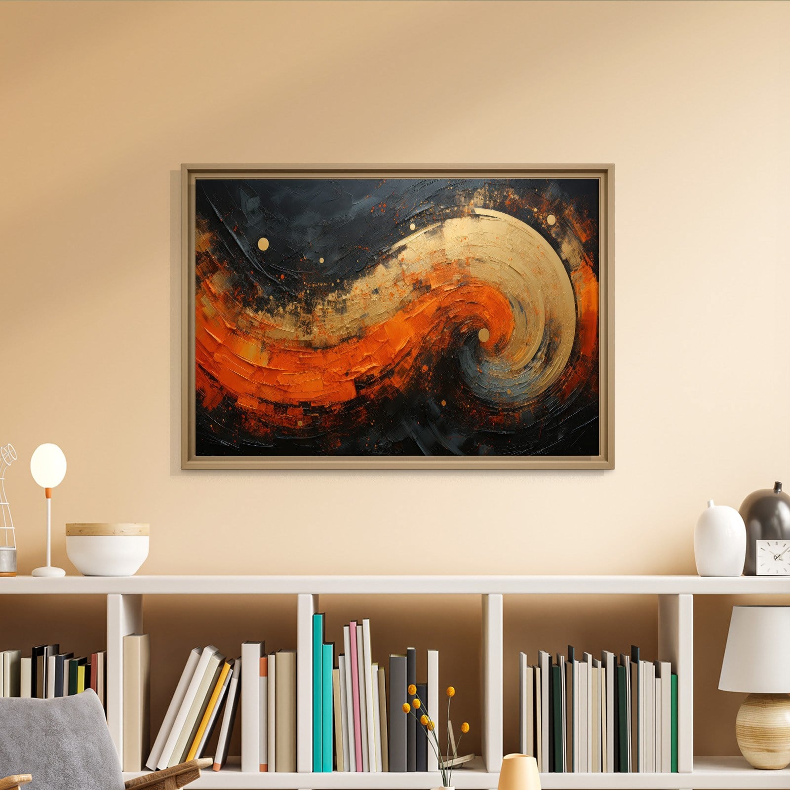 Modern Turuncu Siyah Soyut Kanvas Tablo | Altın Dokulu Premium Abstract Wall Art