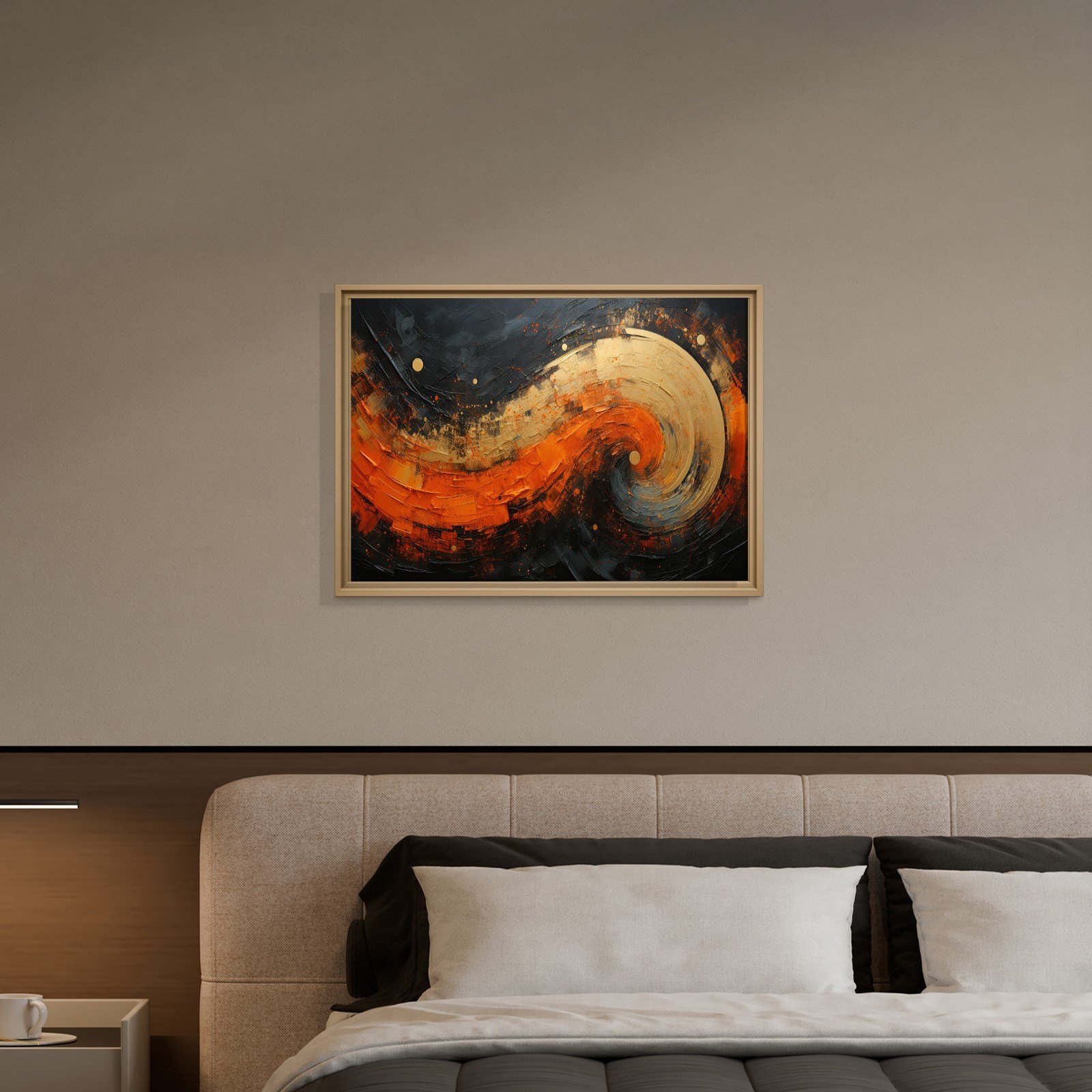 Modern Turuncu Siyah Soyut Kanvas Tablo | Altın Dokulu Premium Abstract Wall Art
