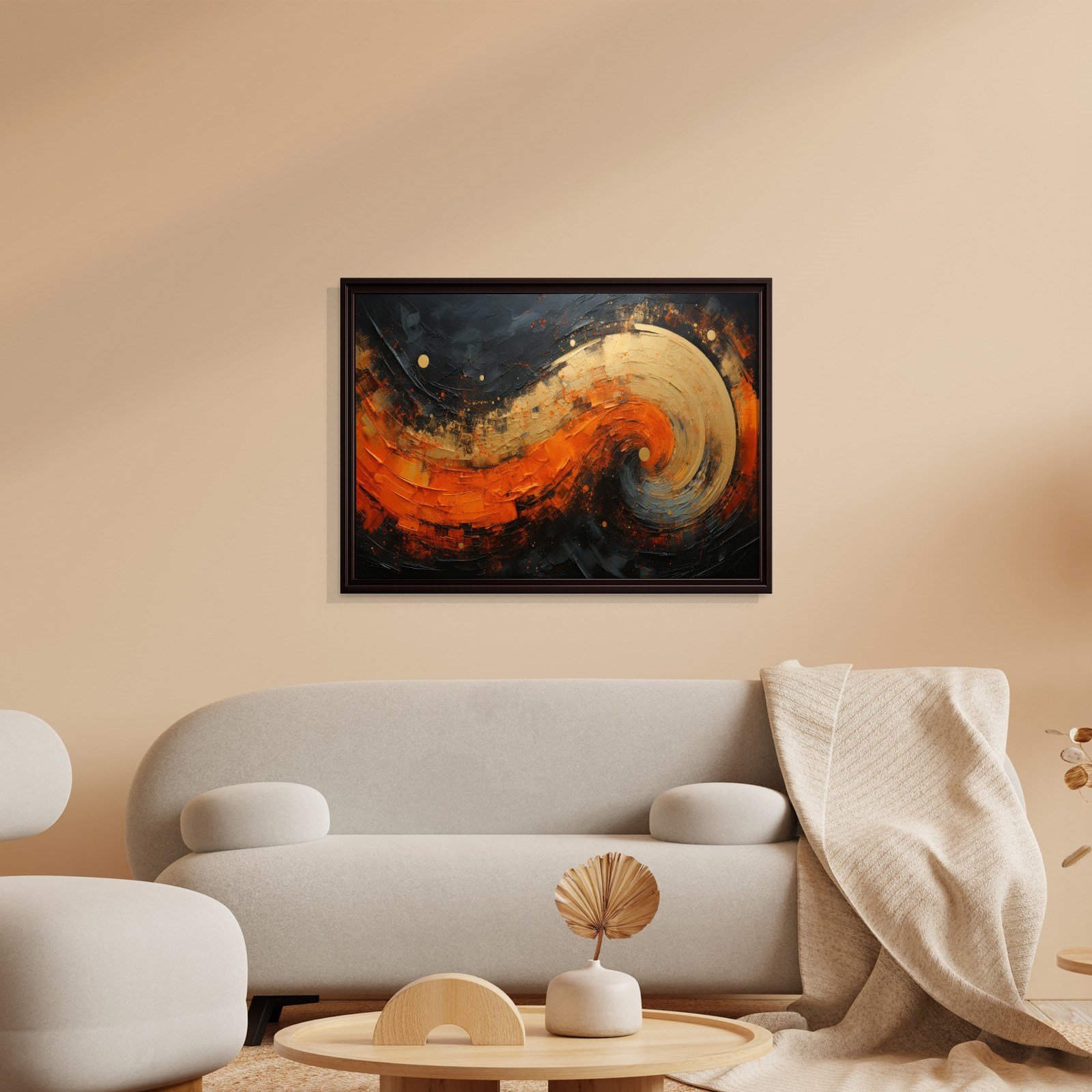 Modern Turuncu Siyah Soyut Kanvas Tablo | Altın Dokulu Premium Abstract Wall Art