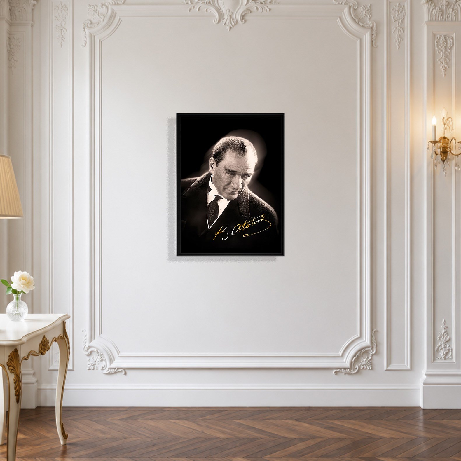 Mustafa Kemal Atatürk Gold İmzalı Siyah Portre Kanvas Tablo – Premium HD Baskı