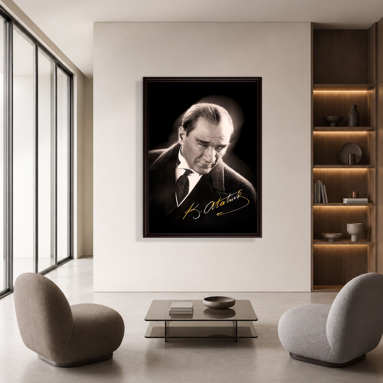 Mustafa Kemal Atatürk Gold İmzalı Siyah Portre Kanvas Tablo – Premium HD Baskı
