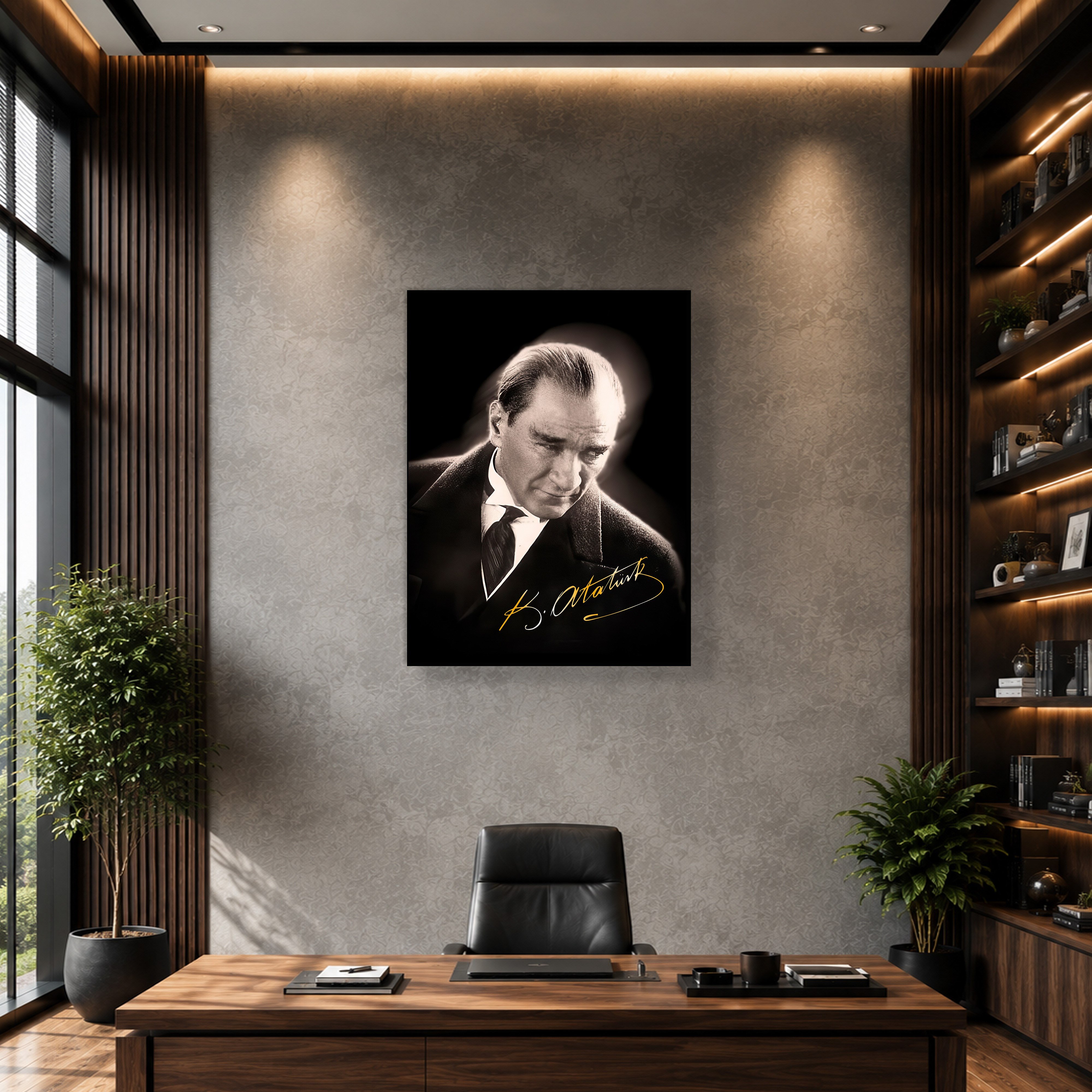 Mustafa Kemal Atatürk Gold İmzalı Siyah Portre Kanvas Tablo – Premium HD Baskı