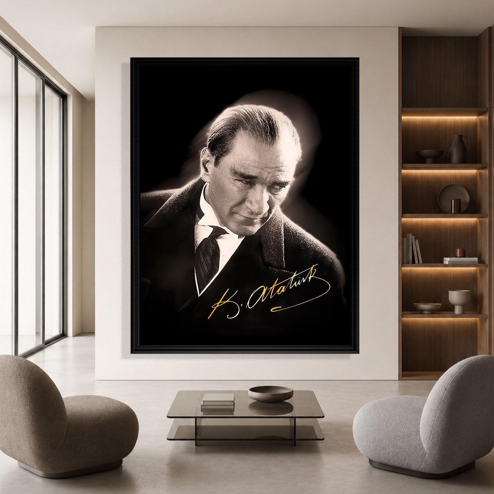 Mustafa Kemal Atatürk Gold İmzalı Siyah Portre Kanvas Tablo – Premium HD Baskı