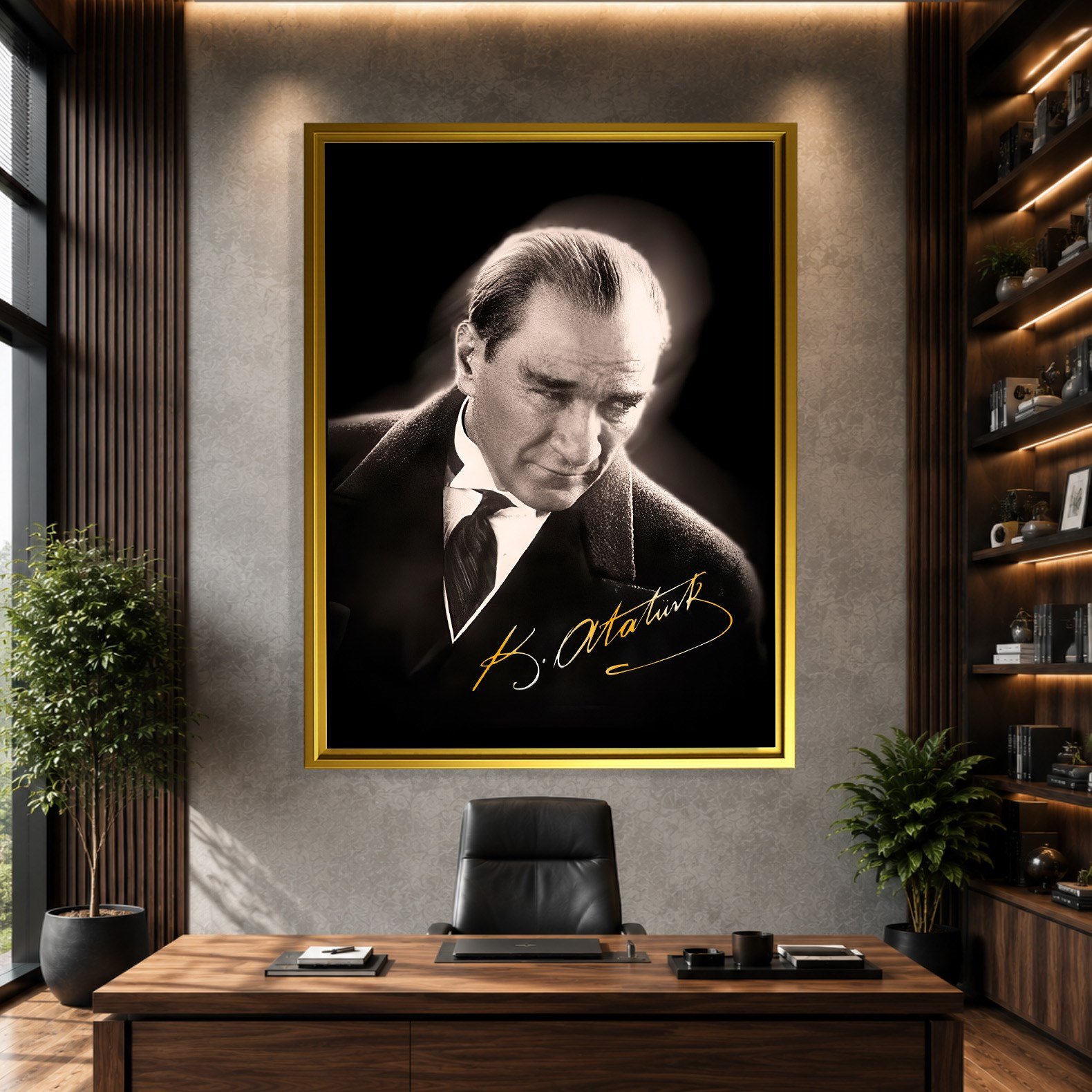 Mustafa Kemal Atatürk Gold İmzalı Siyah Portre Kanvas Tablo – Premium HD Baskı