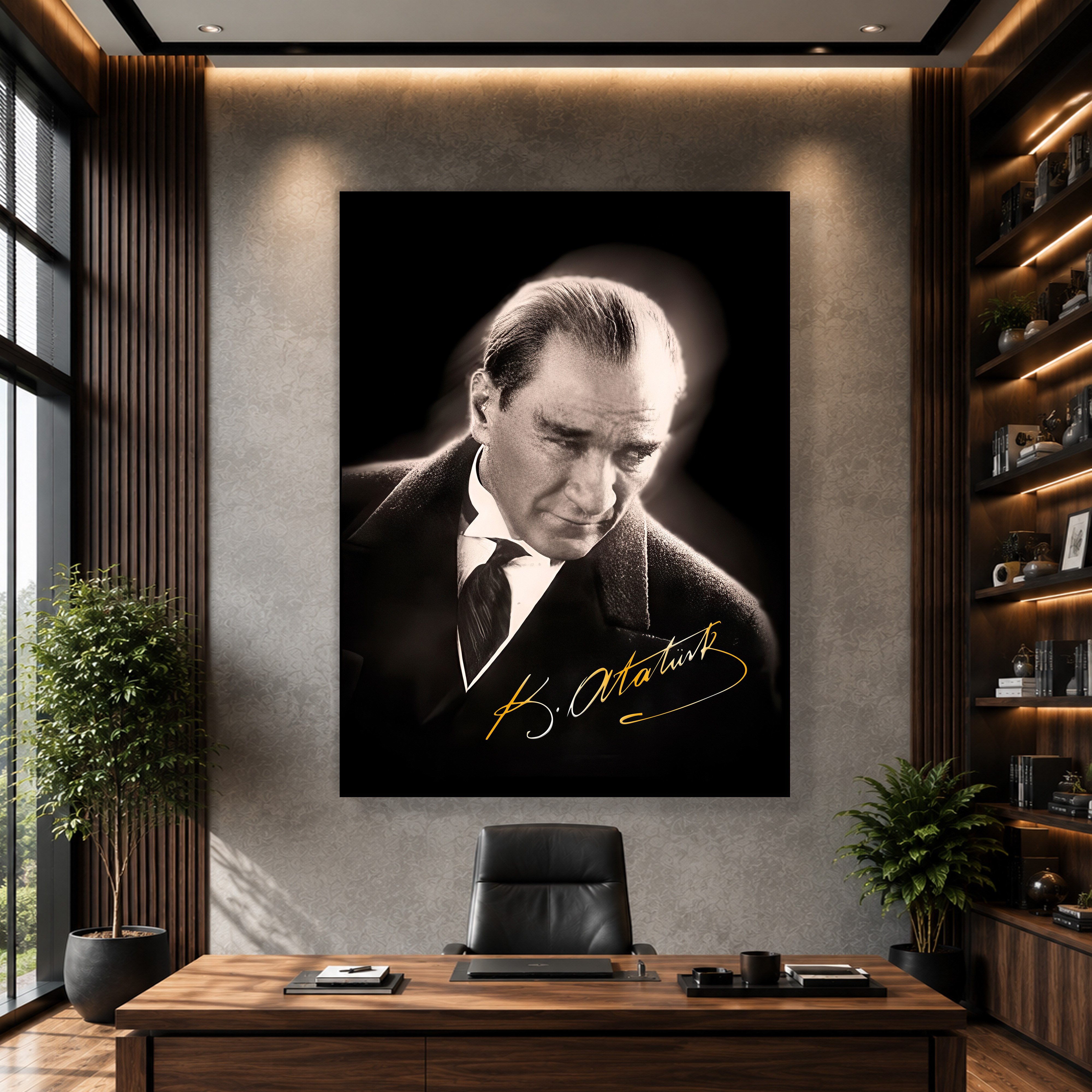 Mustafa Kemal Atatürk Gold İmzalı Siyah Portre Kanvas Tablo – Premium HD Baskı