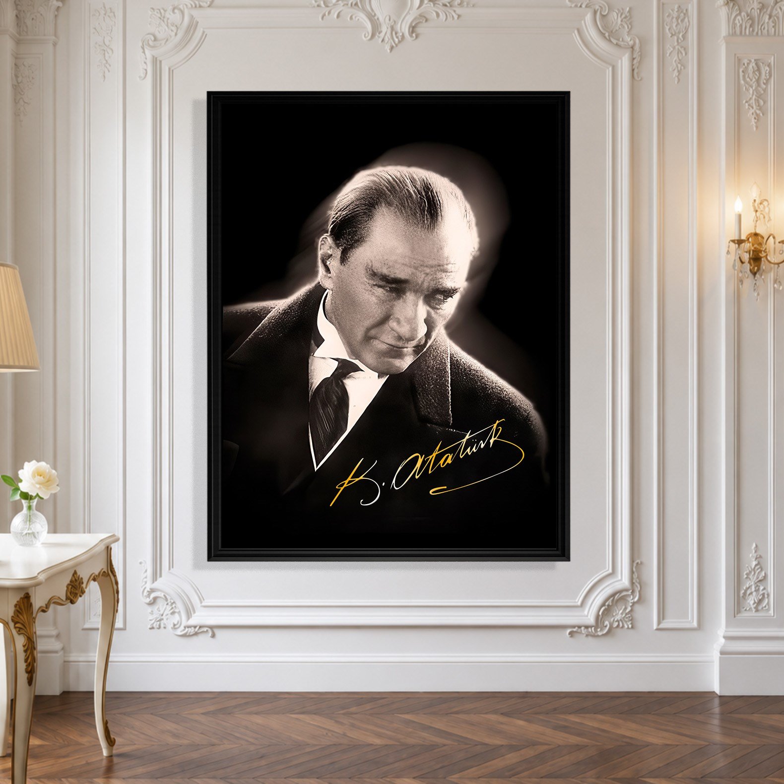Mustafa Kemal Atatürk Gold İmzalı Siyah Portre Kanvas Tablo – Premium HD Baskı
