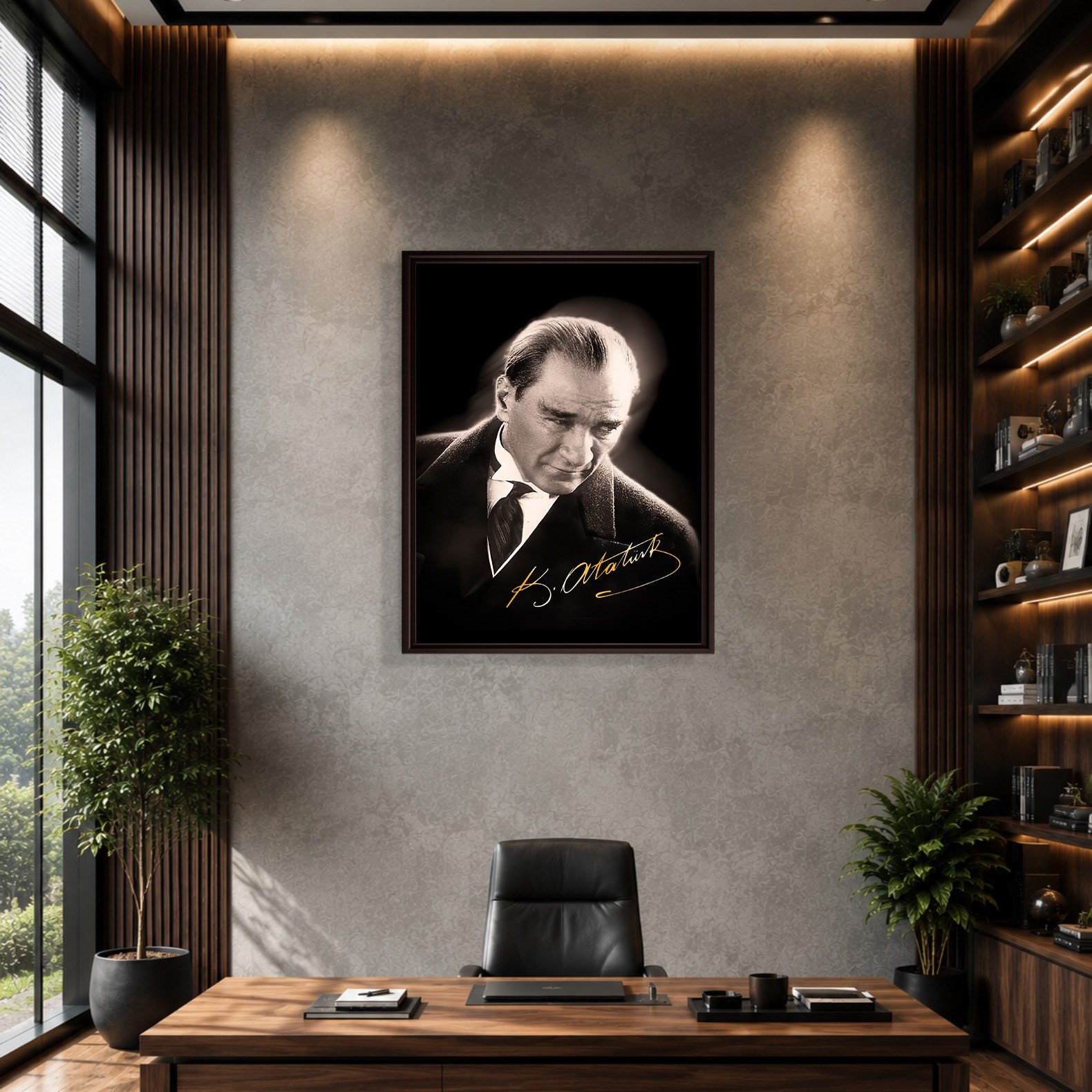 Mustafa Kemal Atatürk Gold İmzalı Siyah Portre Kanvas Tablo – Premium HD Baskı