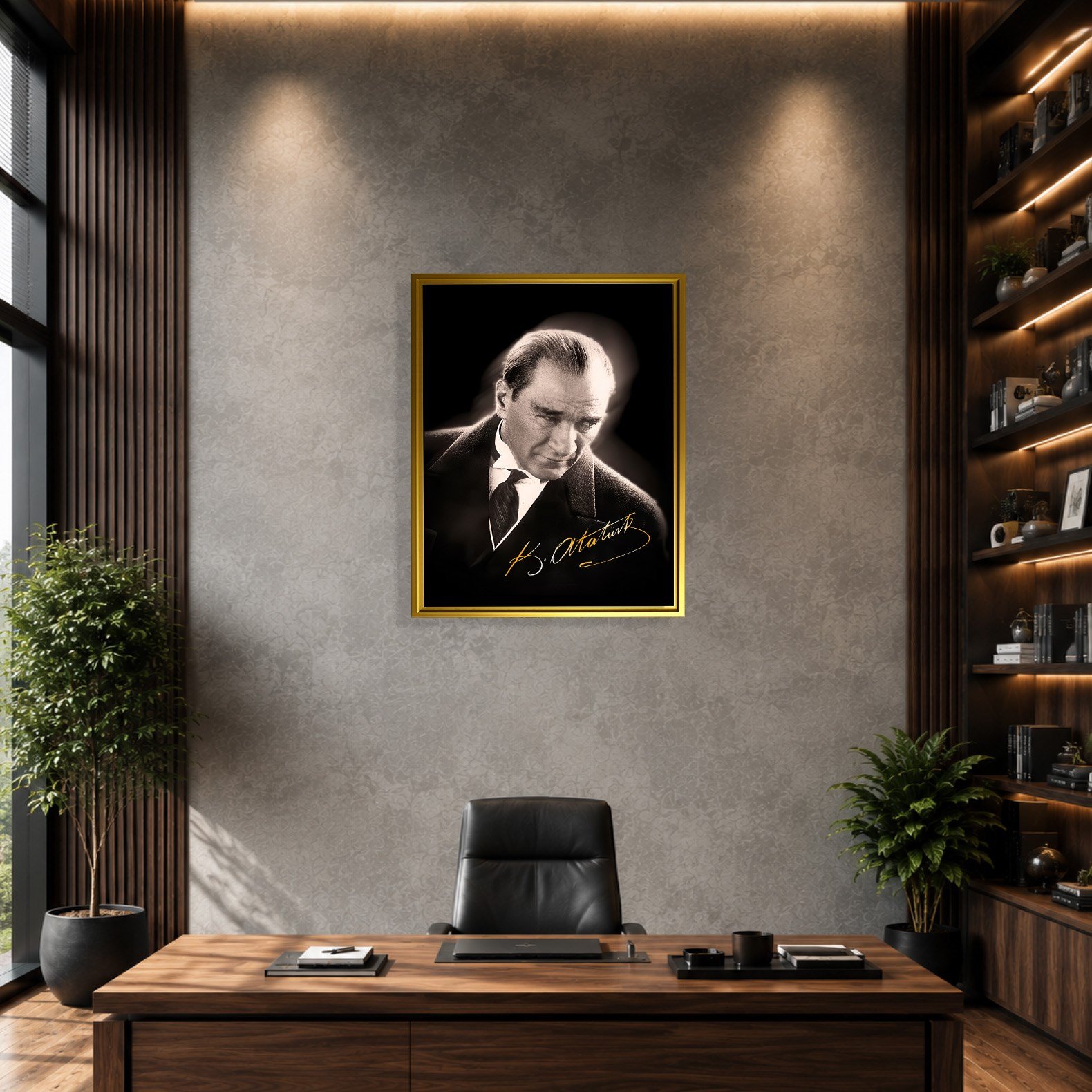 Mustafa Kemal Atatürk Gold İmzalı Siyah Portre Kanvas Tablo – Premium HD Baskı
