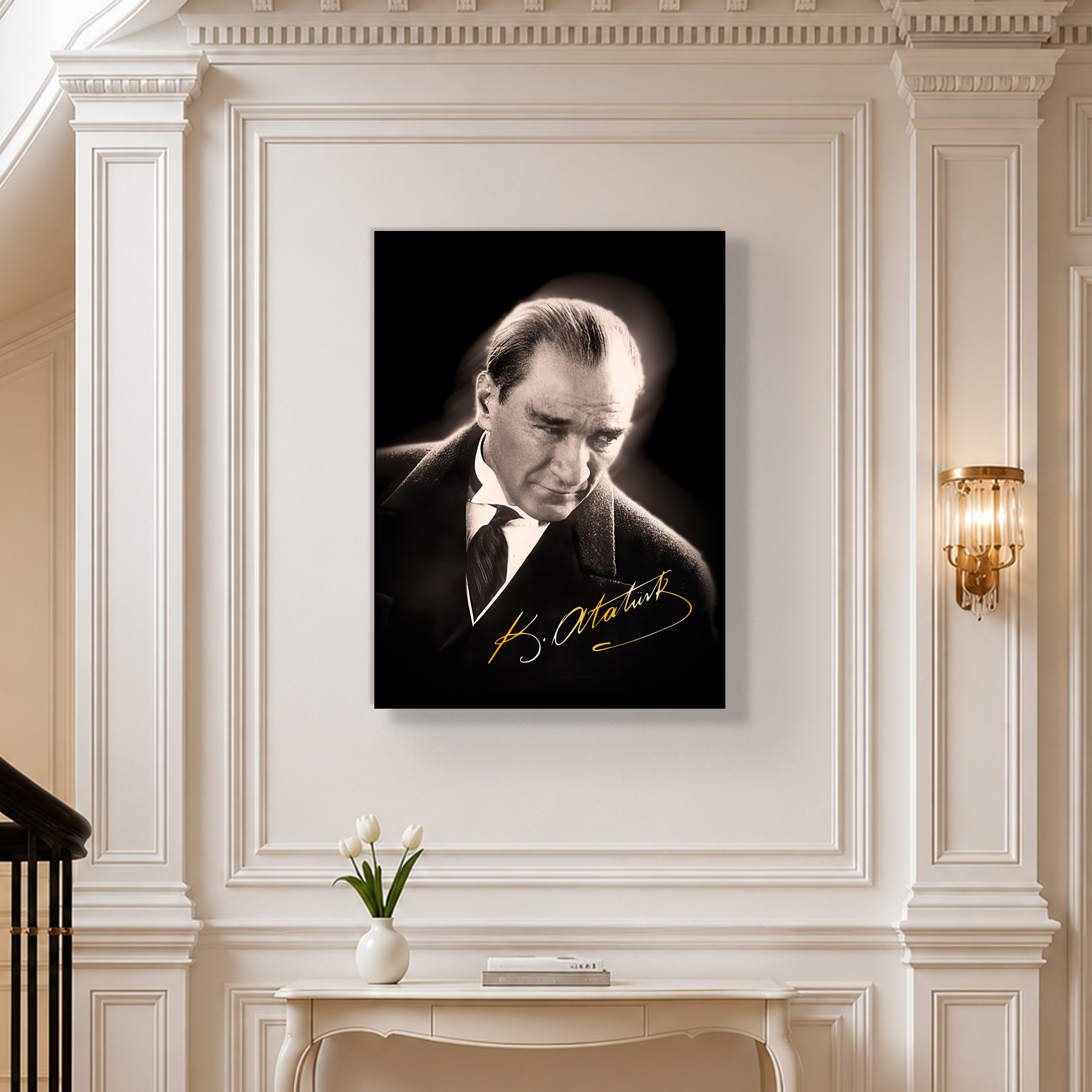 Mustafa Kemal Atatürk Gold İmzalı Siyah Portre Kanvas Tablo – Premium HD Baskı