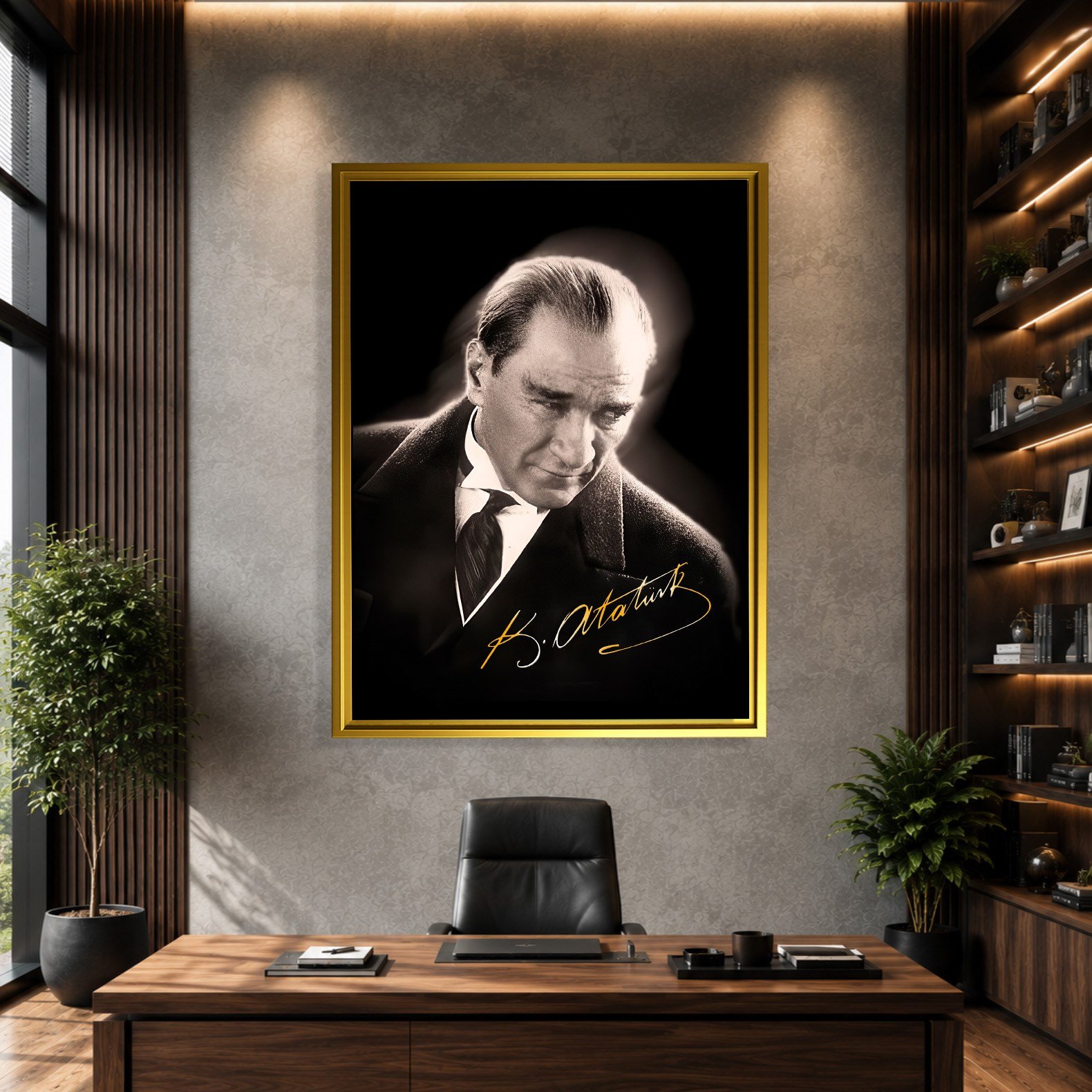 Mustafa Kemal Atatürk Gold İmzalı Siyah Portre Kanvas Tablo – Premium HD Baskı
