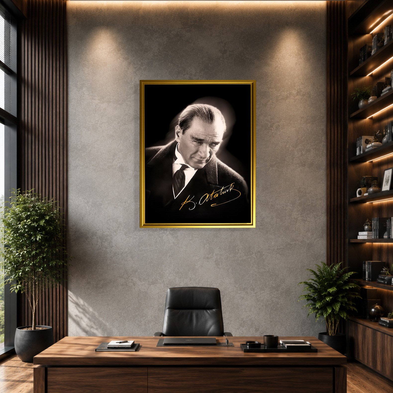 Mustafa Kemal Atatürk Gold İmzalı Siyah Portre Kanvas Tablo – Premium HD Baskı