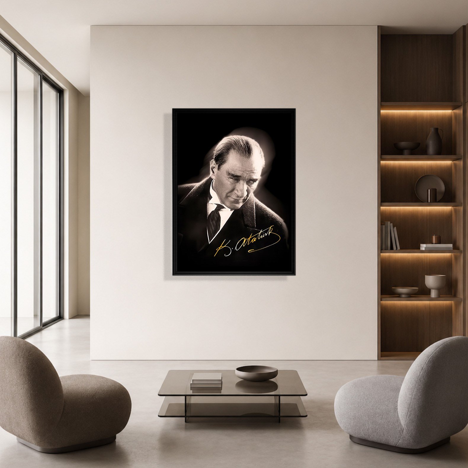 Mustafa Kemal Atatürk Gold İmzalı Siyah Portre Kanvas Tablo – Premium HD Baskı