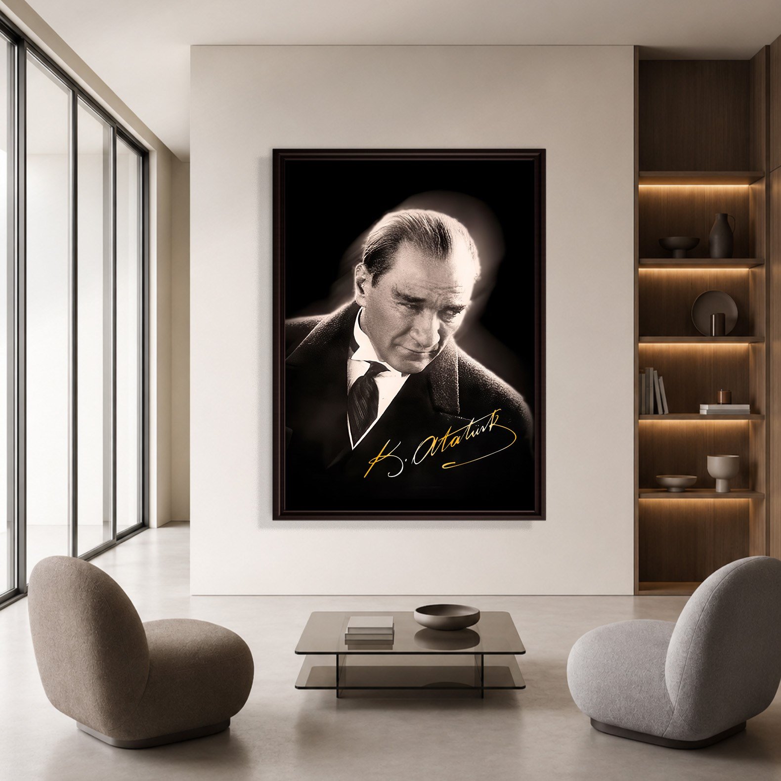 Mustafa Kemal Atatürk Gold İmzalı Siyah Portre Kanvas Tablo – Premium HD Baskı