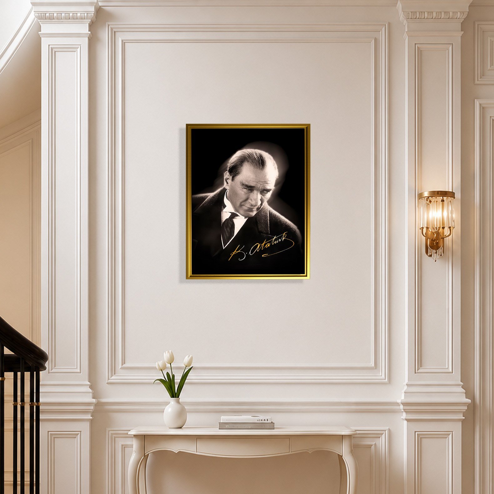 Mustafa Kemal Atatürk Gold İmzalı Siyah Portre Kanvas Tablo – Premium HD Baskı
