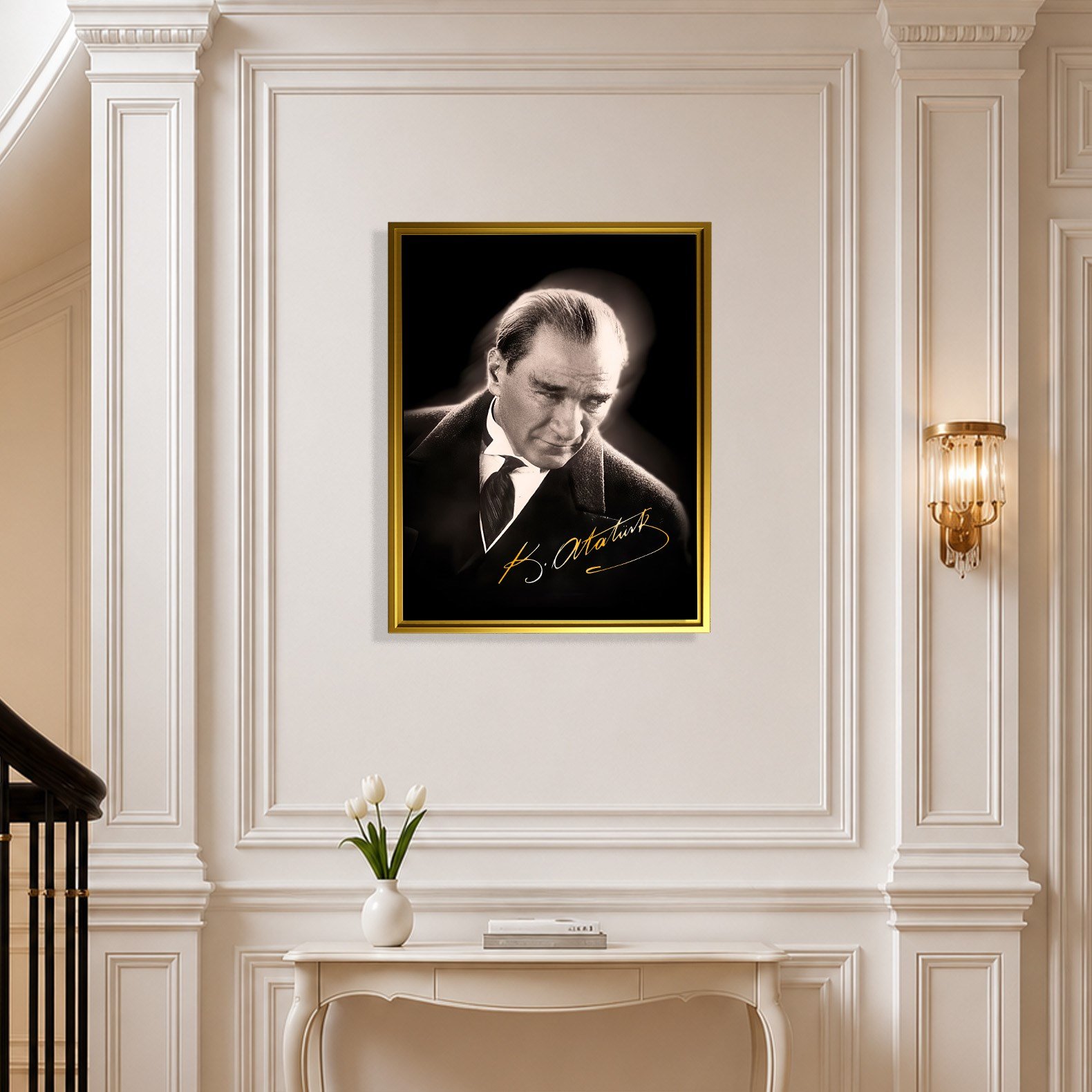 Mustafa Kemal Atatürk Gold İmzalı Siyah Portre Kanvas Tablo – Premium HD Baskı