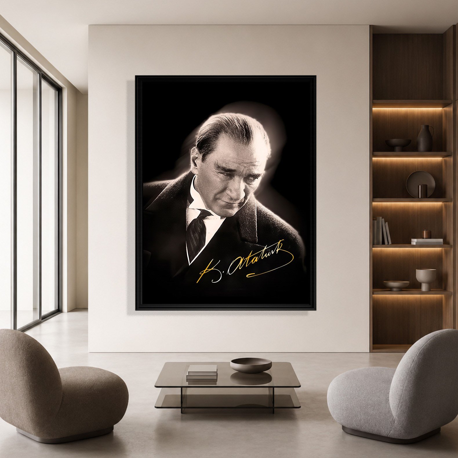 Mustafa Kemal Atatürk Gold İmzalı Siyah Portre Kanvas Tablo – Premium HD Baskı