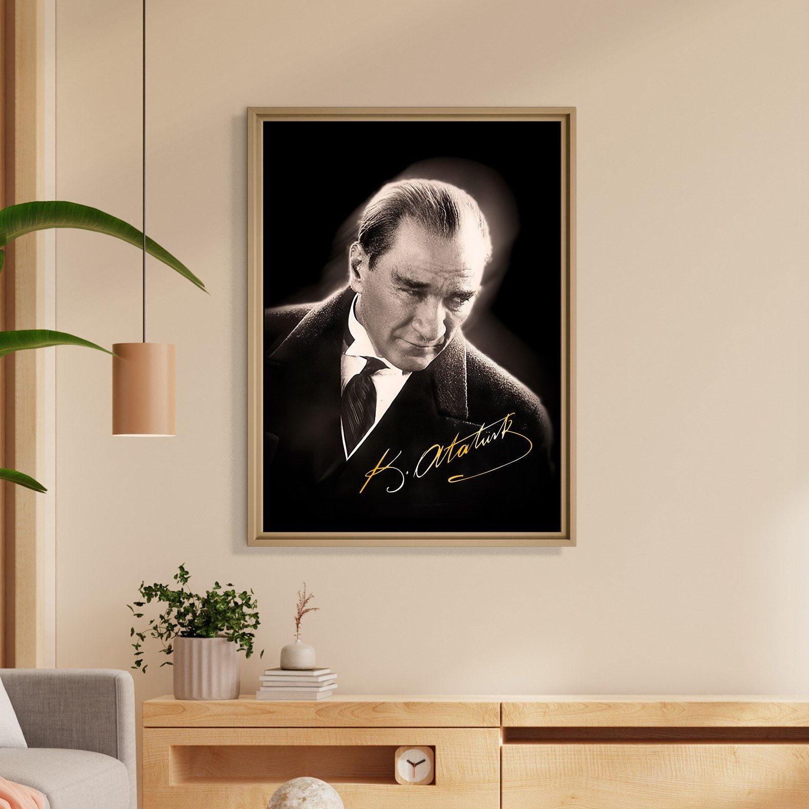 Mustafa Kemal Atatürk Gold İmzalı Siyah Portre Kanvas Tablo – Premium HD Baskı