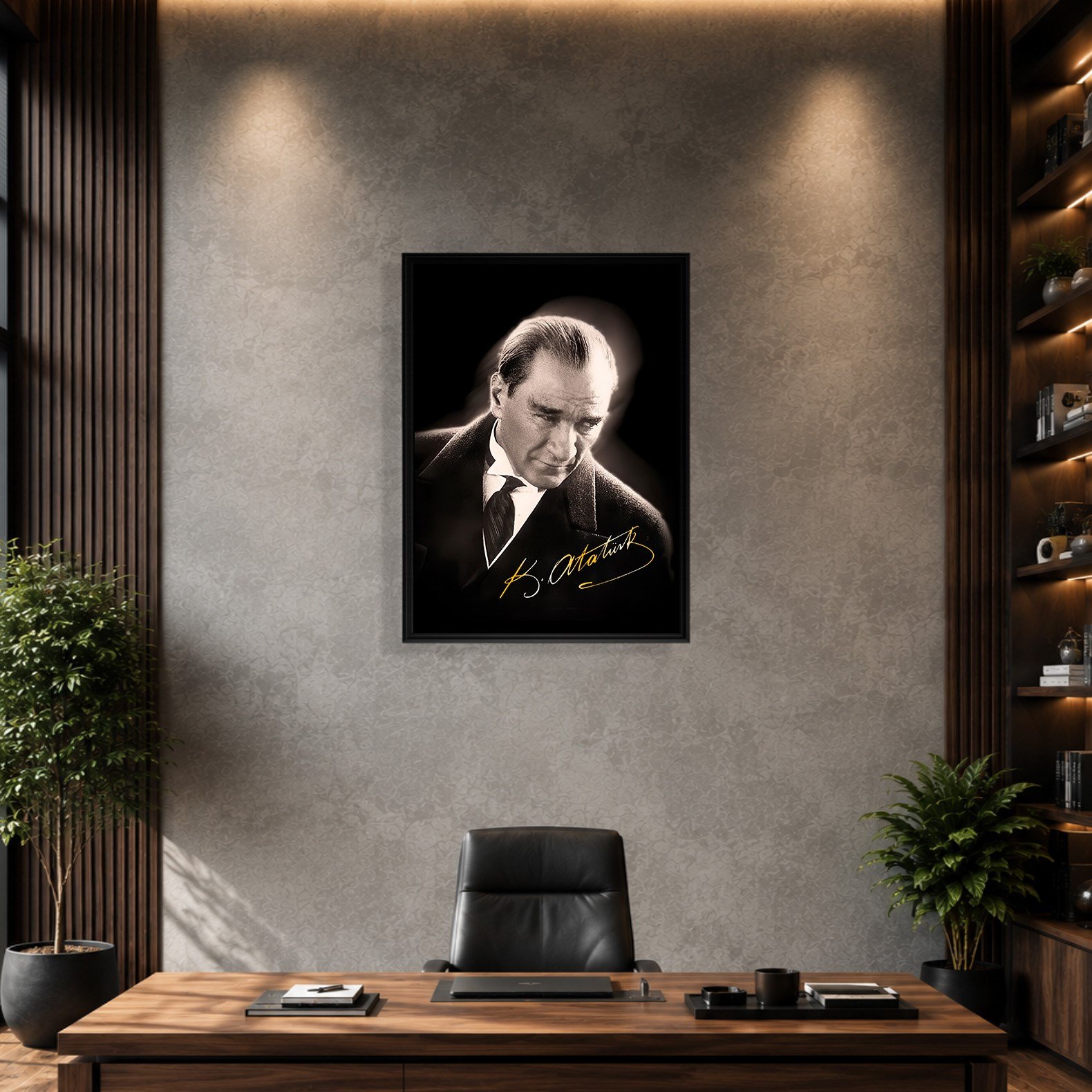 Mustafa Kemal Atatürk Gold İmzalı Siyah Portre Kanvas Tablo – Premium HD Baskı