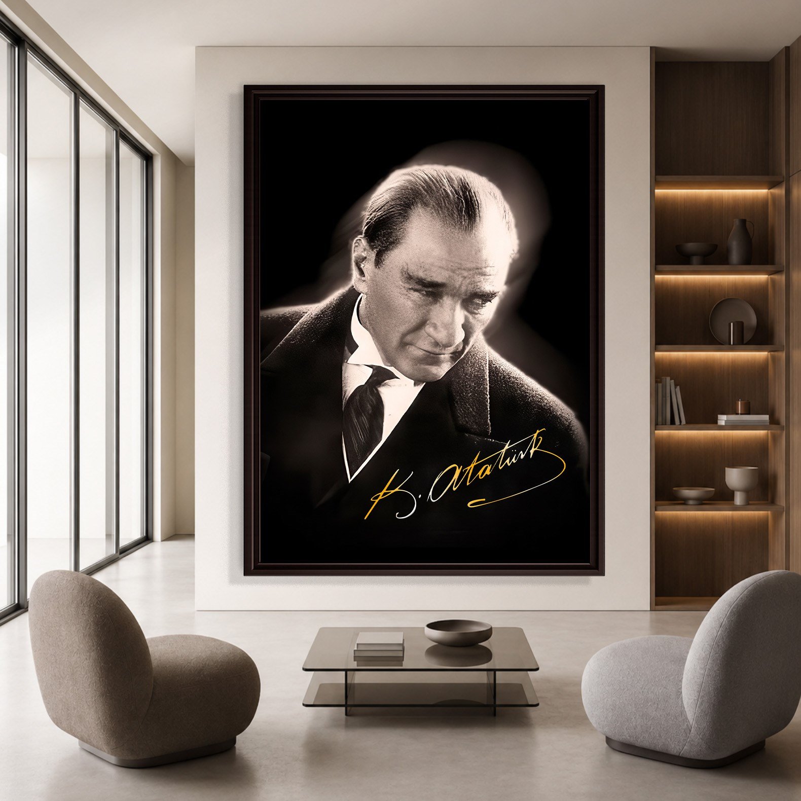 Mustafa Kemal Atatürk Gold İmzalı Siyah Portre Kanvas Tablo – Premium HD Baskı