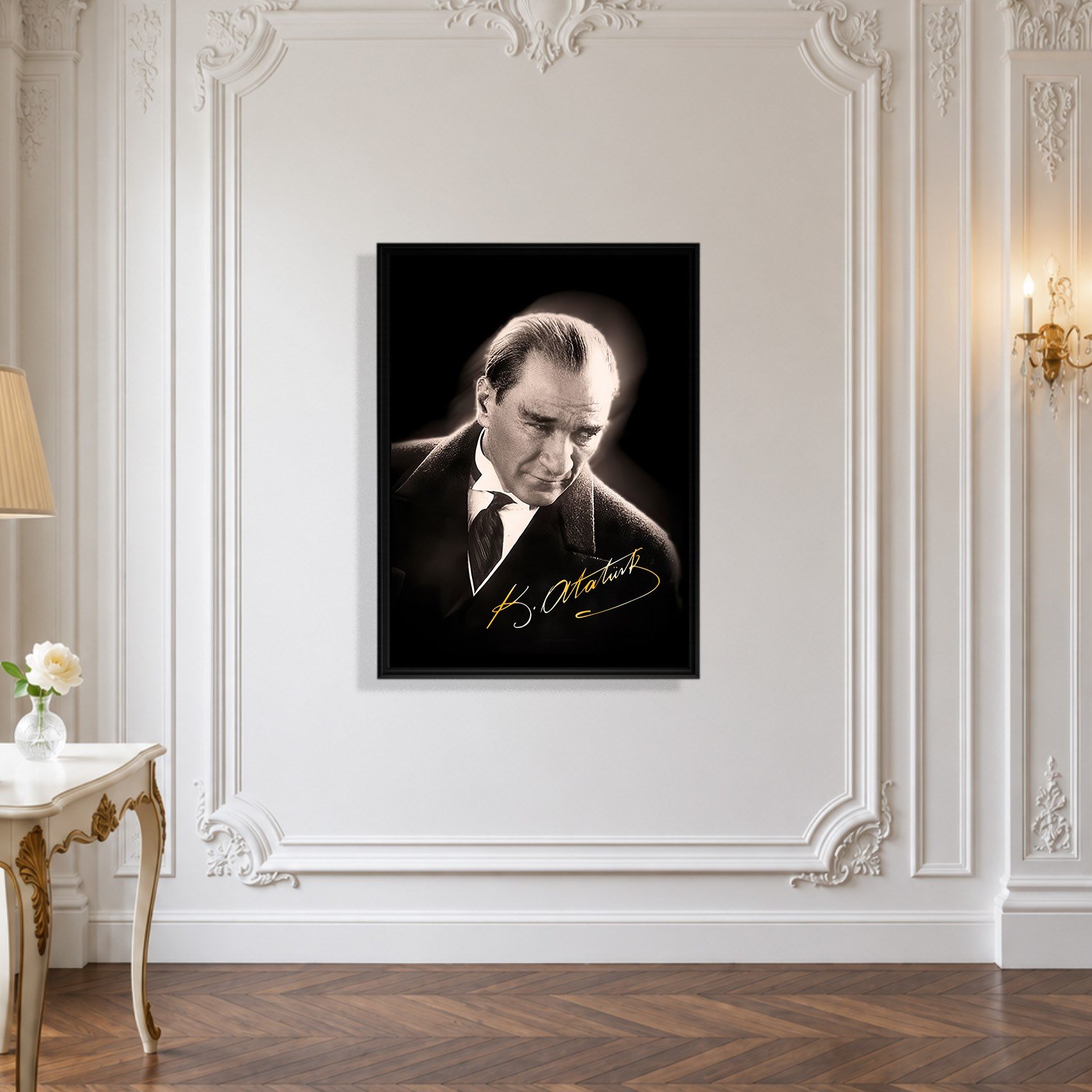 Mustafa Kemal Atatürk Gold İmzalı Siyah Portre Kanvas Tablo – Premium HD Baskı