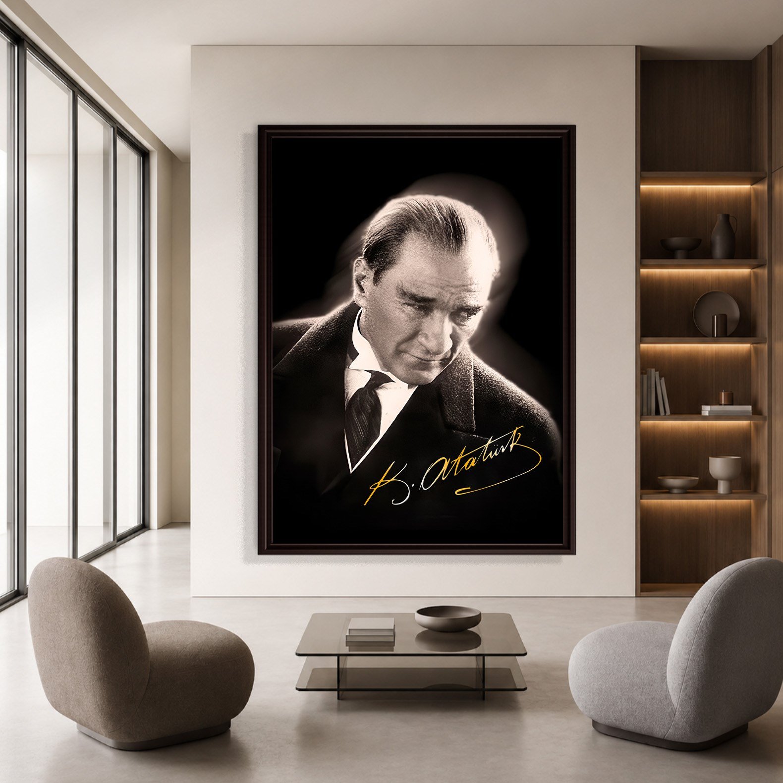 Mustafa Kemal Atatürk Gold İmzalı Siyah Portre Kanvas Tablo – Premium HD Baskı