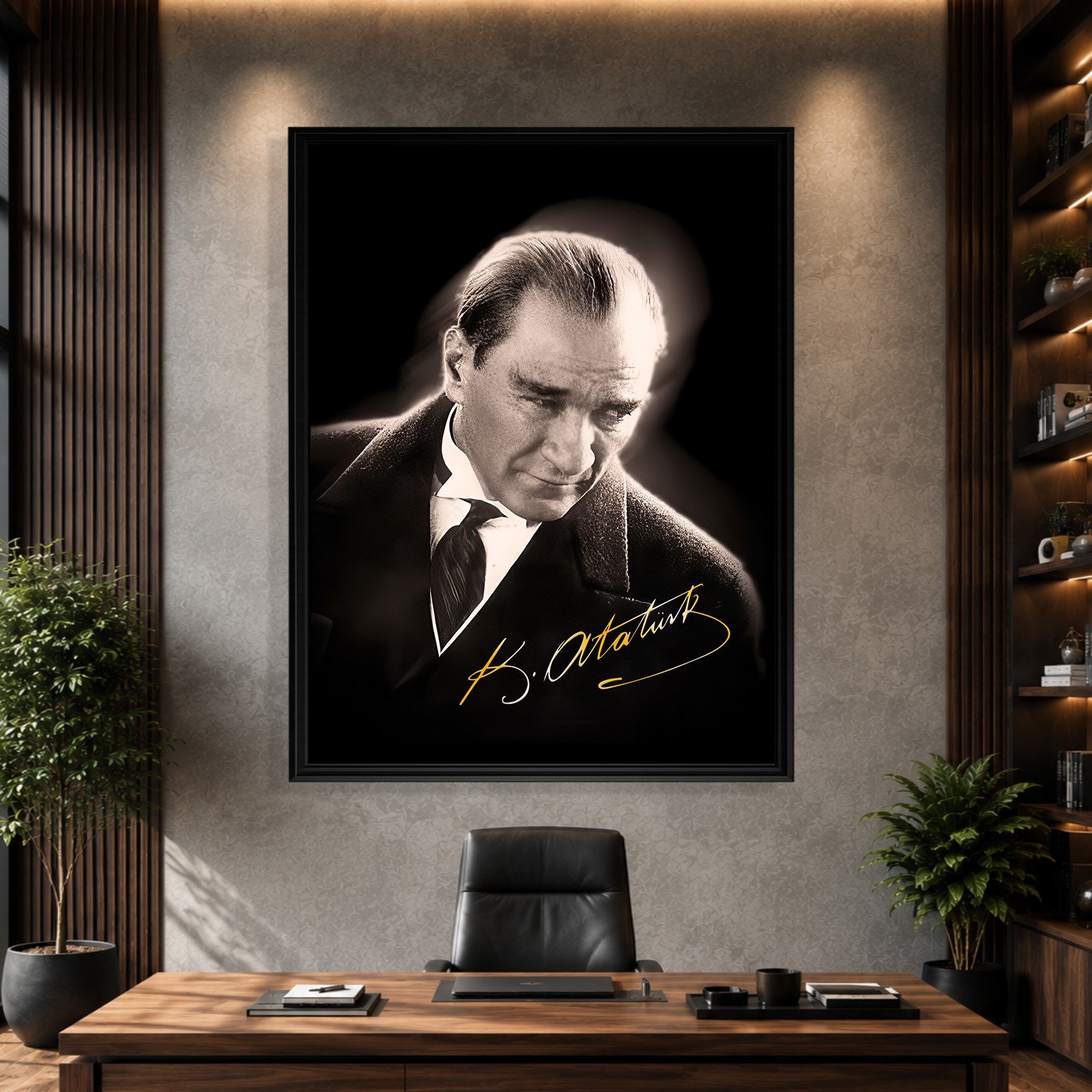 Mustafa Kemal Atatürk Gold İmzalı Siyah Portre Kanvas Tablo – Premium HD Baskı