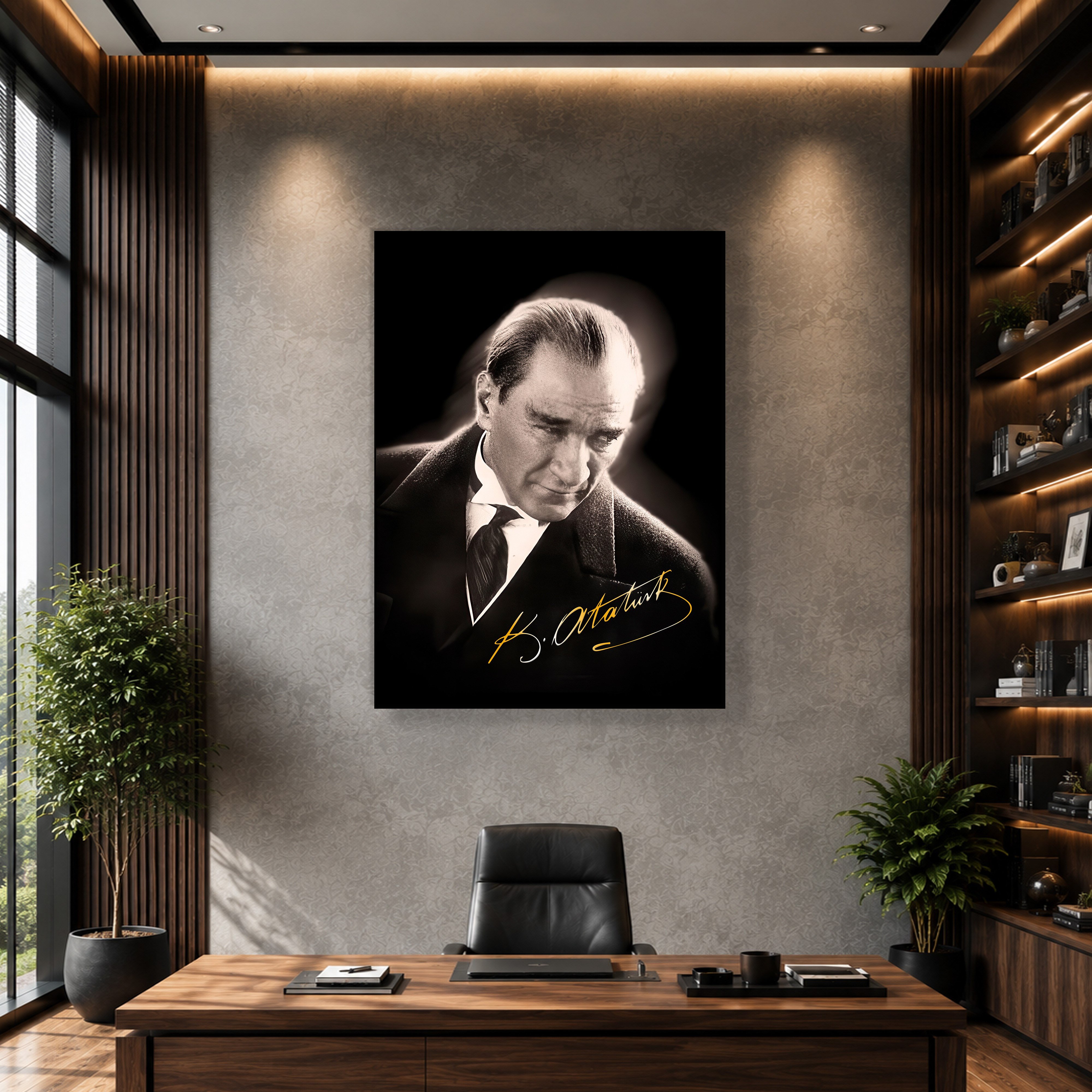 Mustafa Kemal Atatürk Gold İmzalı Siyah Portre Kanvas Tablo – Premium HD Baskı
