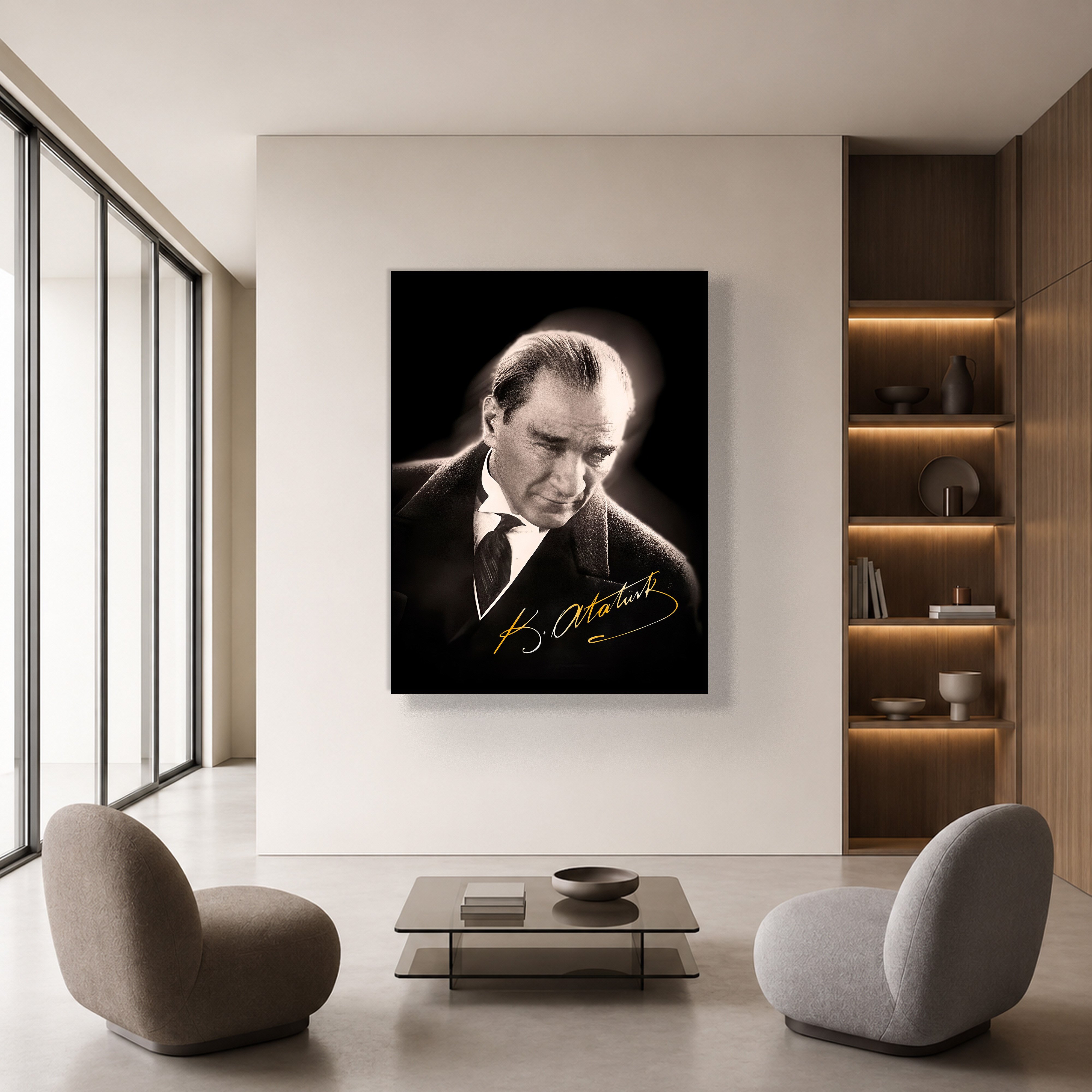 Mustafa Kemal Atatürk Gold İmzalı Siyah Portre Kanvas Tablo – Premium HD Baskı