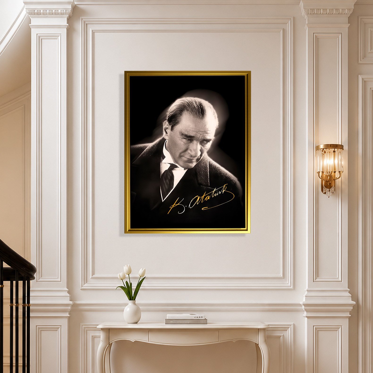 Mustafa Kemal Atatürk Gold İmzalı Siyah Portre Kanvas Tablo – Premium HD Baskı