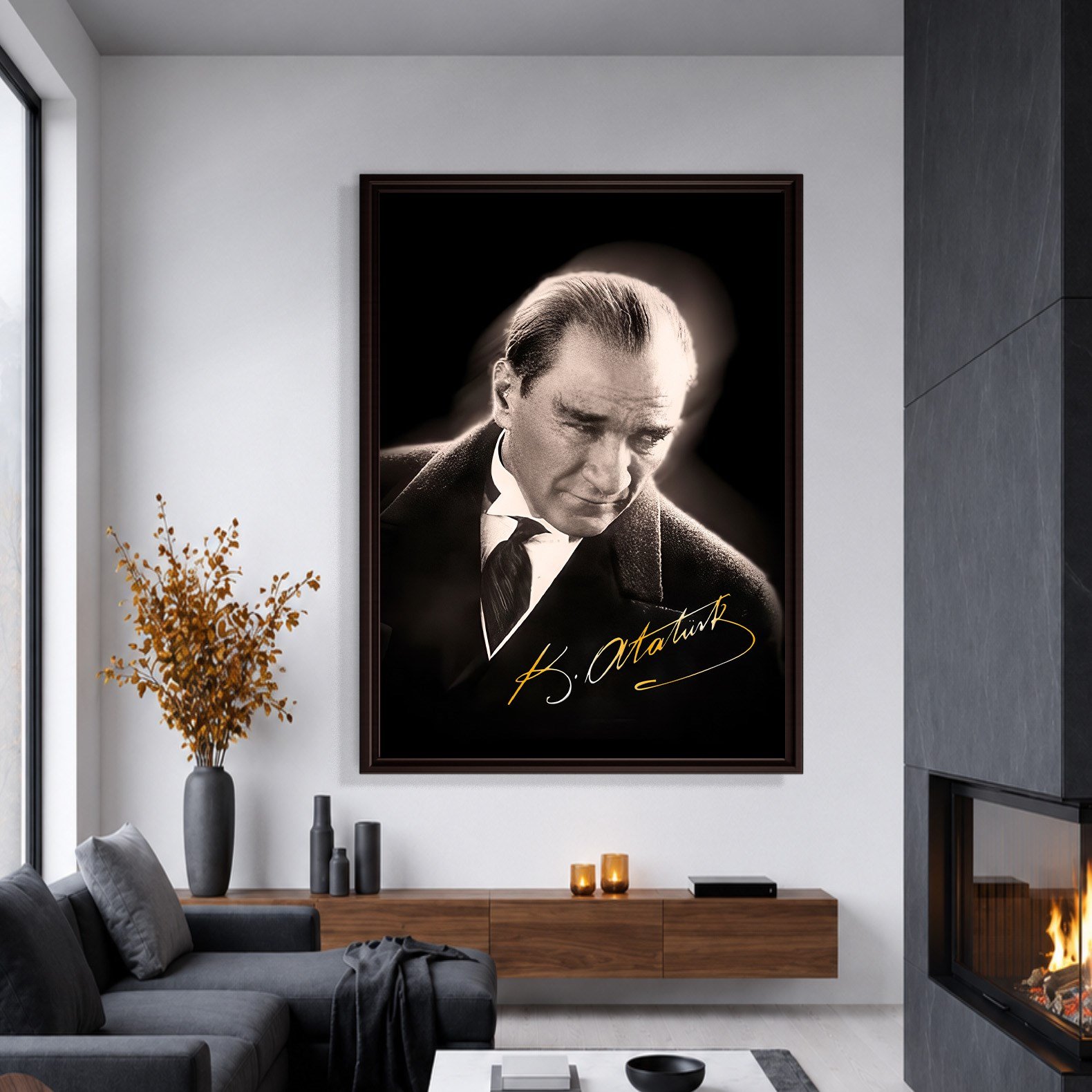Mustafa Kemal Atatürk Gold İmzalı Siyah Portre Kanvas Tablo – Premium HD Baskı