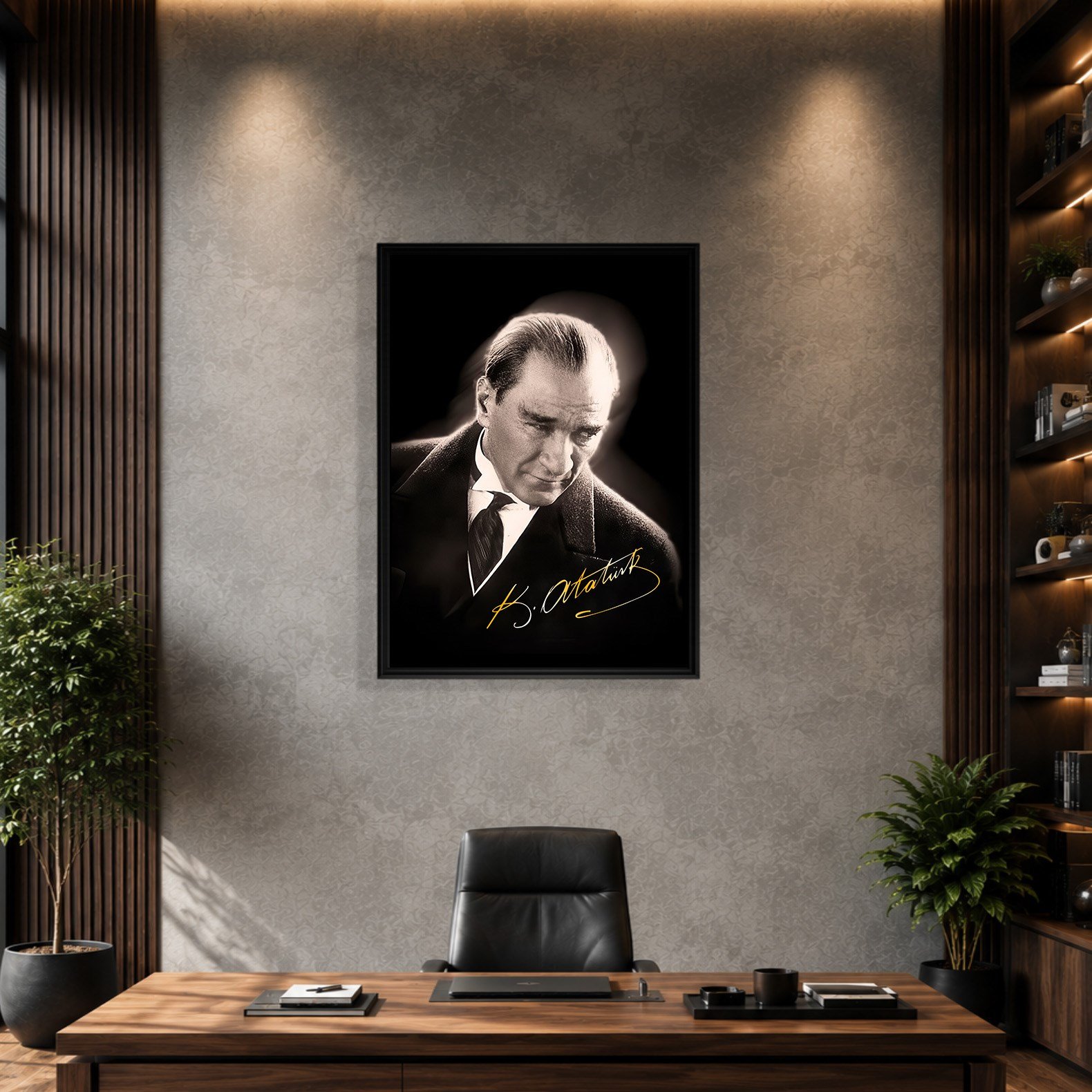 Mustafa Kemal Atatürk Gold İmzalı Siyah Portre Kanvas Tablo – Premium HD Baskı