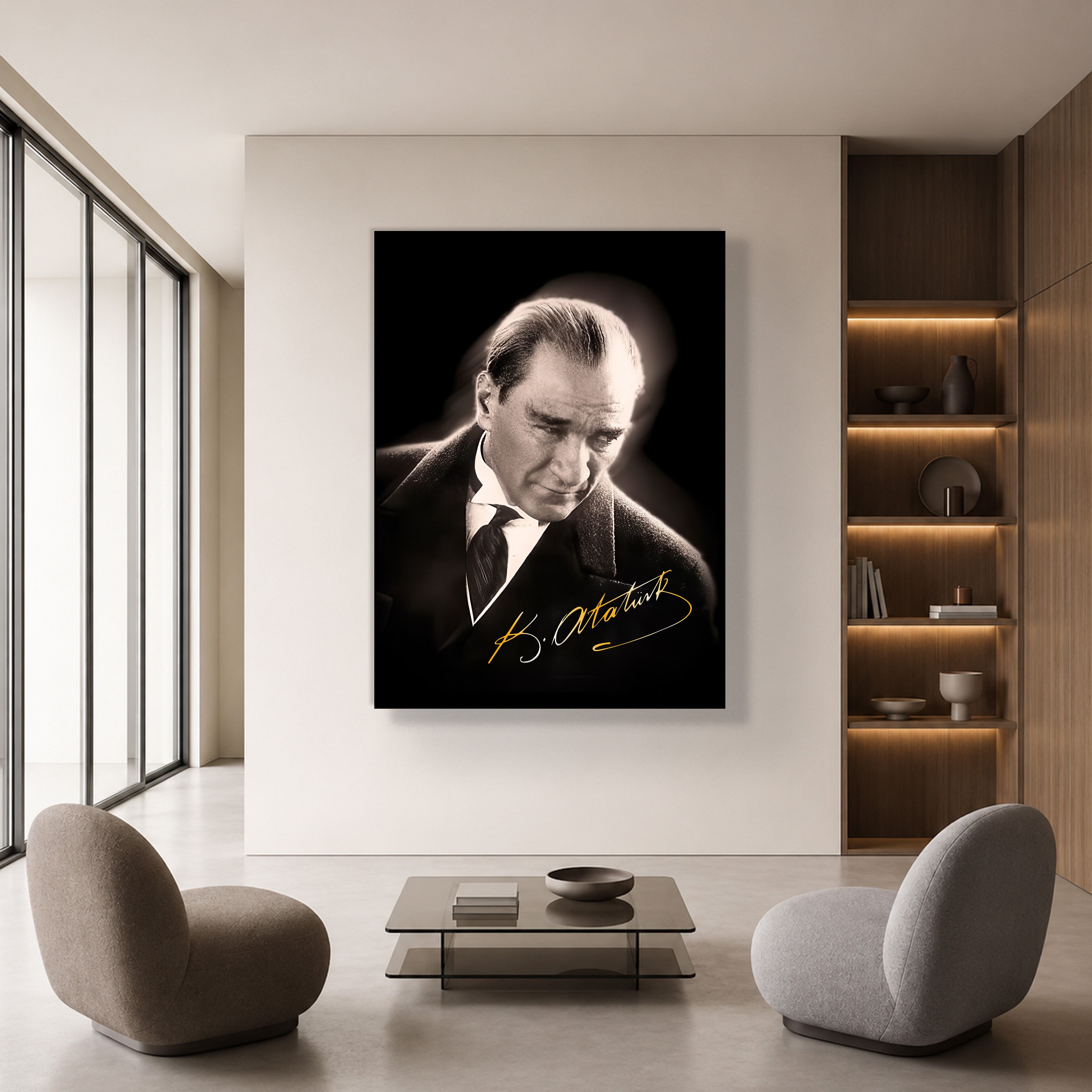 Mustafa Kemal Atatürk Gold İmzalı Siyah Portre Kanvas Tablo – Premium HD Baskı