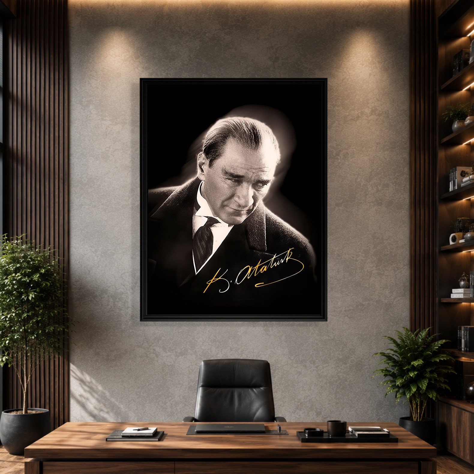 Mustafa Kemal Atatürk Gold İmzalı Siyah Portre Kanvas Tablo – Premium HD Baskı