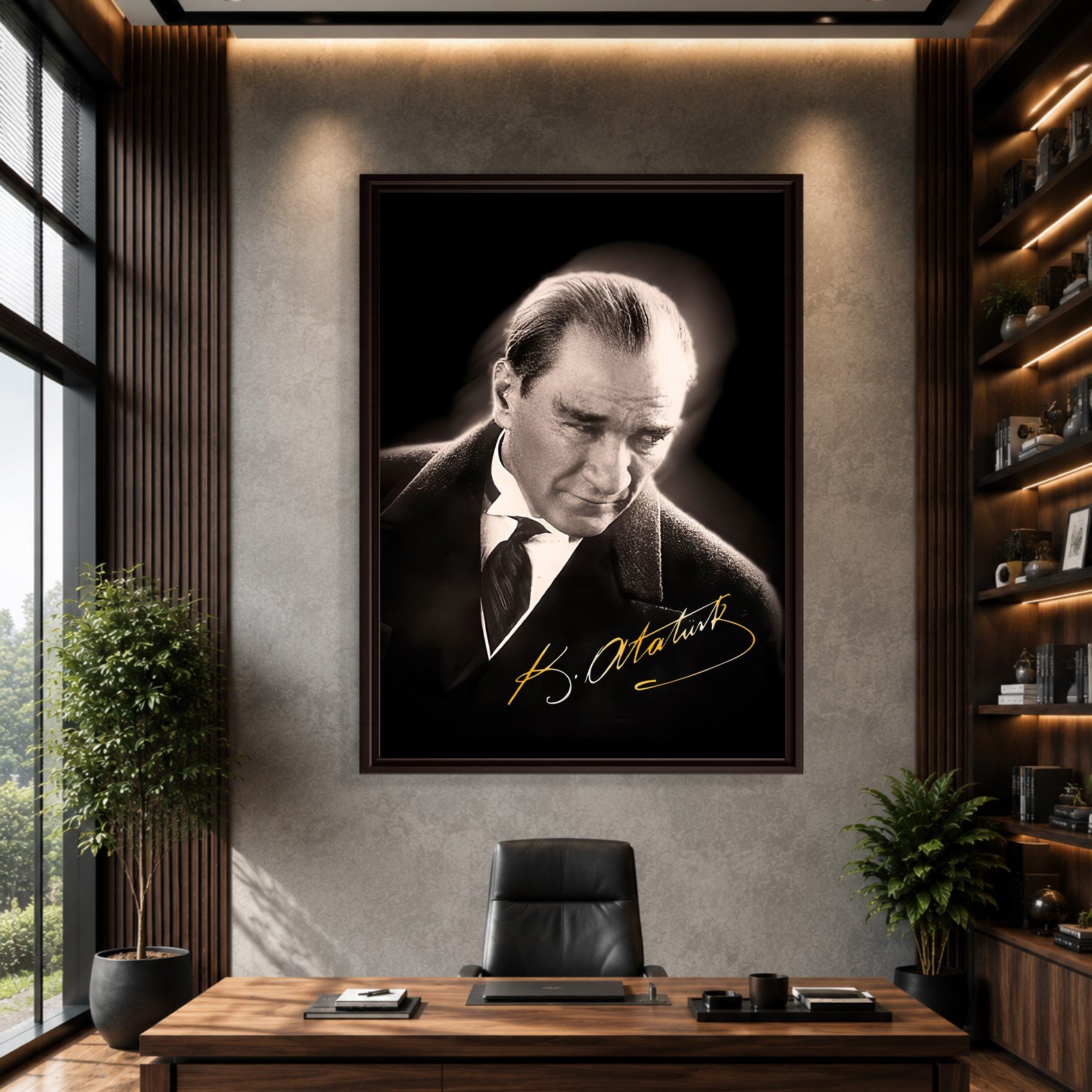 Mustafa Kemal Atatürk Gold İmzalı Siyah Portre Kanvas Tablo – Premium HD Baskı